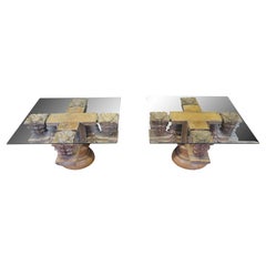 2 Antique Architectural Reclaimed Teak Ornamental Temple Pedestal Coffee Tables