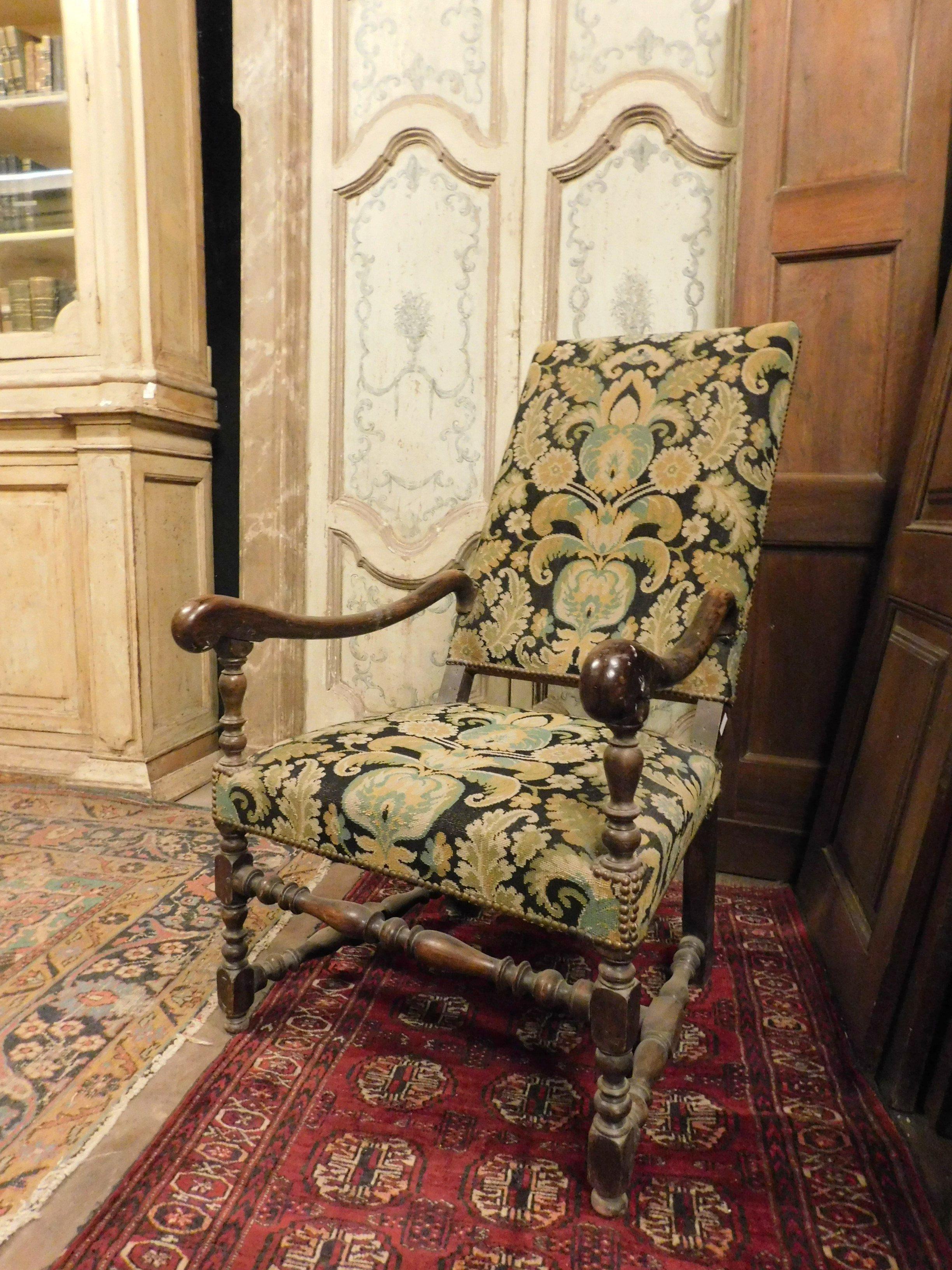 European 2 Antique Armchairs, Set in Walnut, Original Fabric, Louis XIV Spool, 1600 Italy For Sale