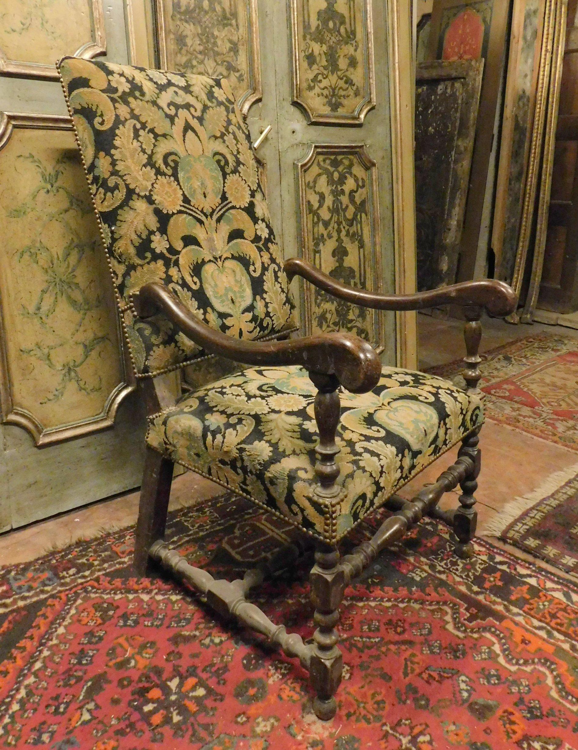 18th Century and Earlier 2 Antique Armchairs, Set in Walnut, Original Fabric, Louis XIV Spool, 1600 Italy For Sale
