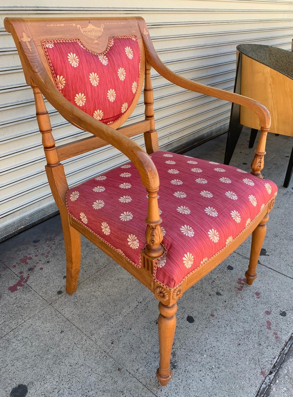 2 Antique Armchairs with Parquetry Inlay by Rossita In Fair Condition For Sale In Los Angeles, CA