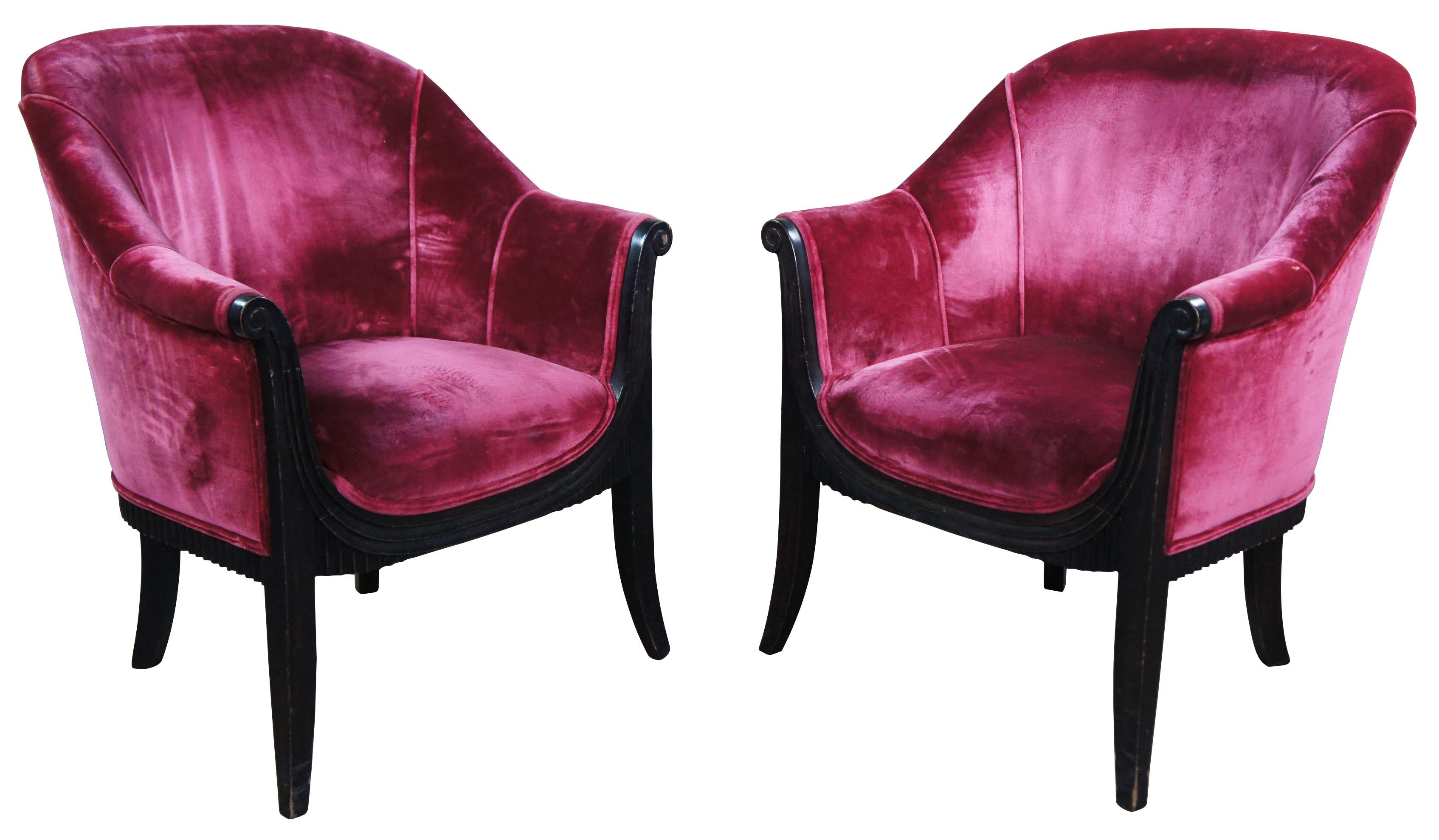 Ebonized 2 Antique Art Deco Mahogany Pink Velvet Club Lounge Parlor Arm Accent Chairs