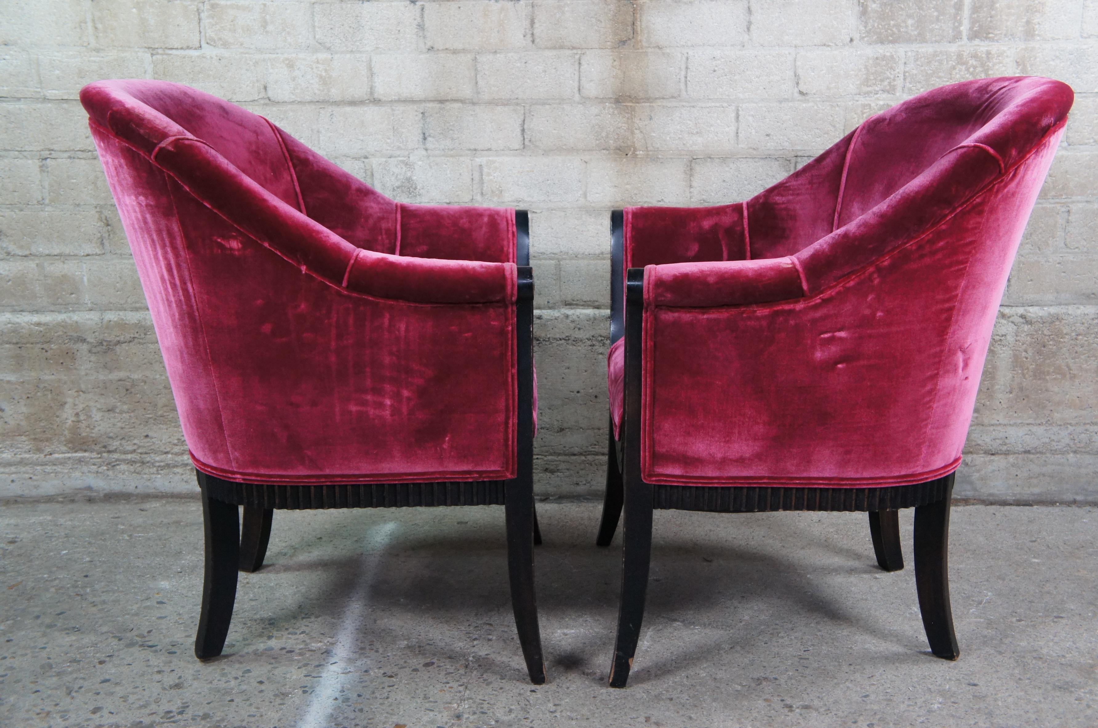 2 Antique Art Deco Mahogany Pink Velvet Club Lounge Parlor Arm Accent Chairs In Good Condition In Dayton, OH