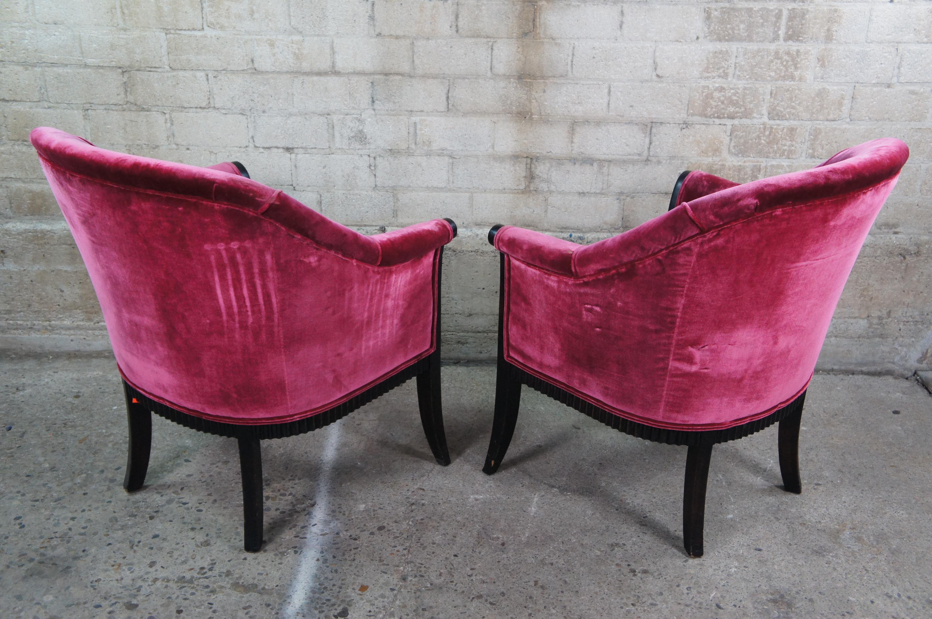 Mid-20th Century 2 Antique Art Deco Mahogany Pink Velvet Club Lounge Parlor Arm Accent Chairs