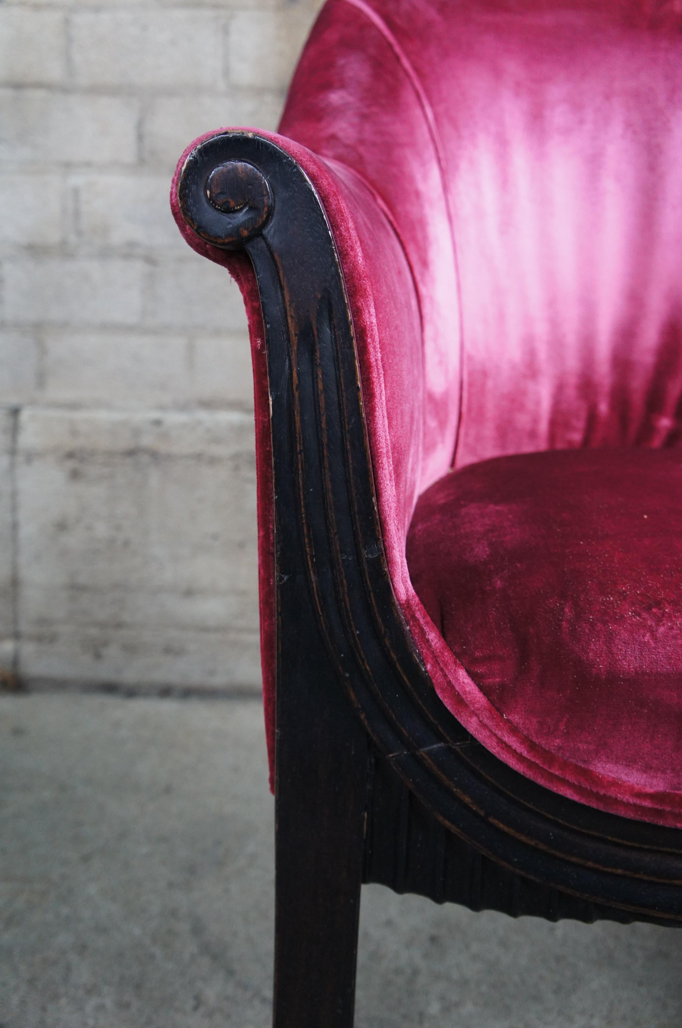 2 Antique Art Deco Mahogany Pink Velvet Club Lounge Parlor Arm Accent Chairs 3