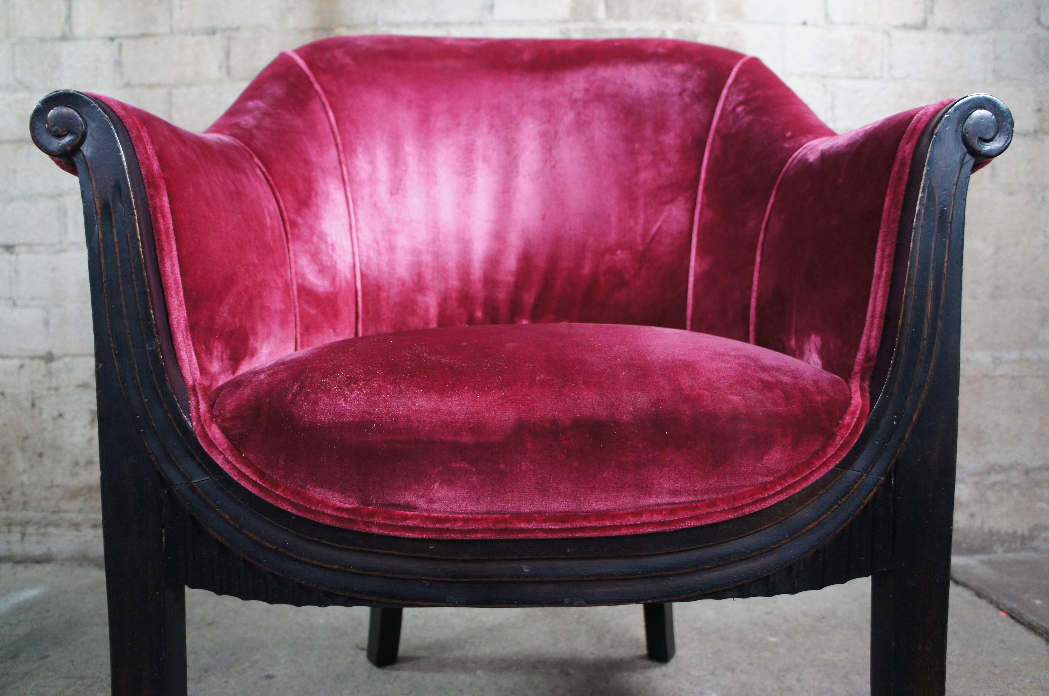 2 Antique Art Deco Mahogany Pink Velvet Club Lounge Parlor Arm Accent Chairs 4