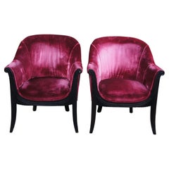 2 Antique Art Deco Mahogany Pink Velvet Club Lounge Parlor Arm Accent Chairs