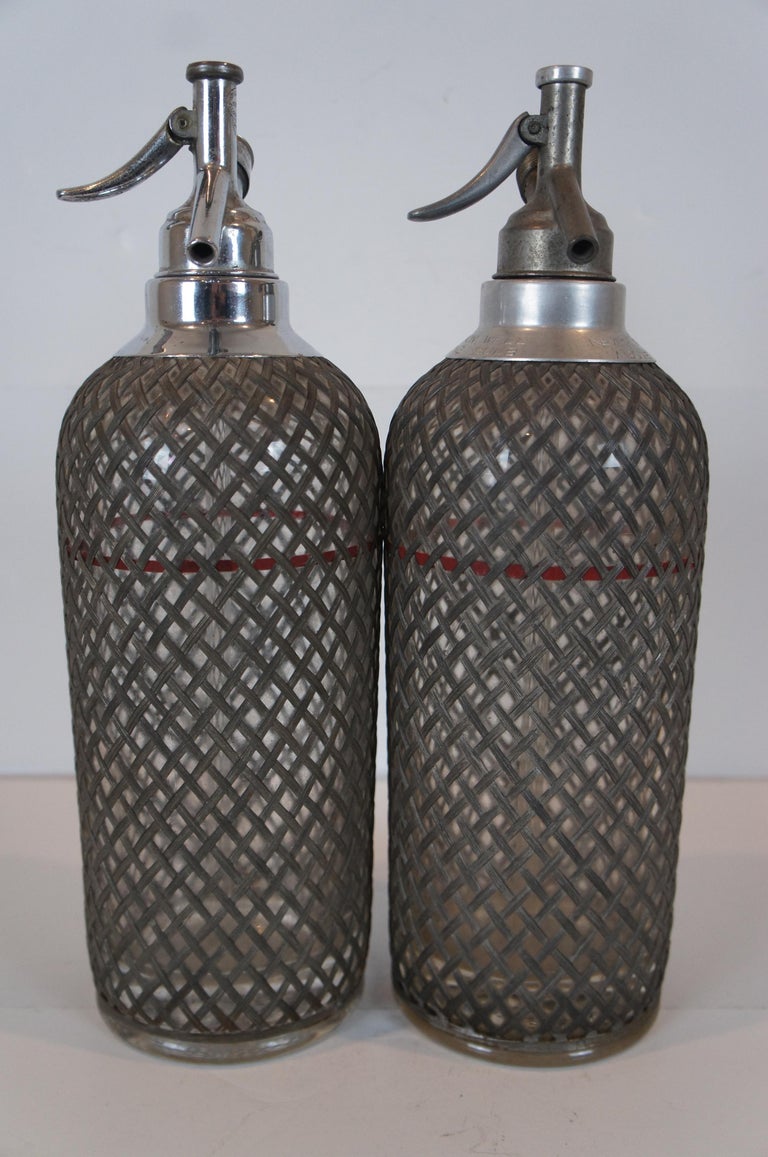 2 Antique Art Deco Sparklets Seltzer Bottles Mesh Wire Siphon Syphon Barware For Sale 1