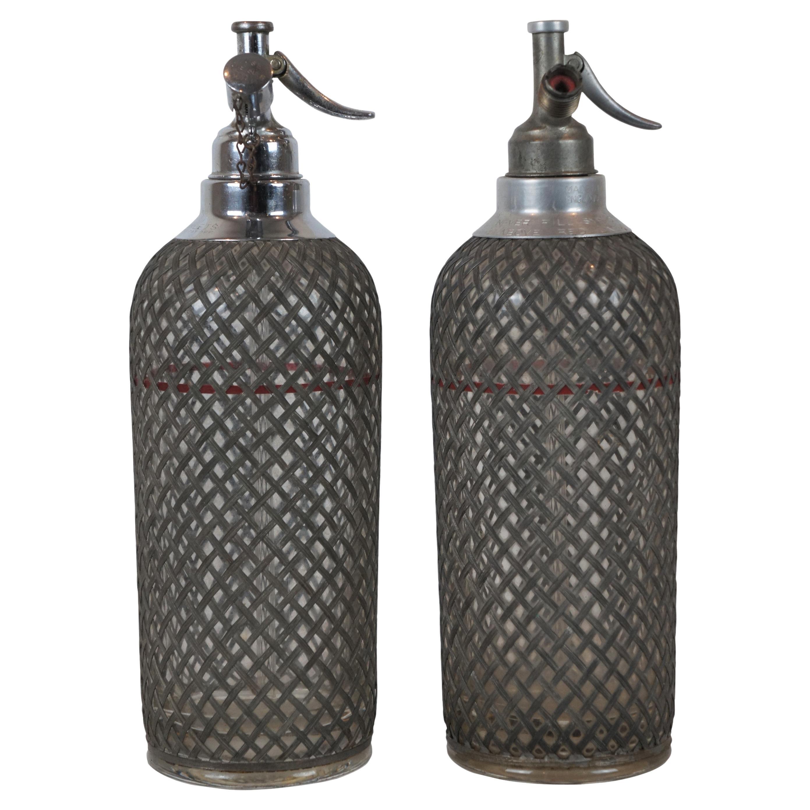 2 Antique Art Deco Sparklets Seltzer Bottles Mesh Wire Siphon Syphon Barware