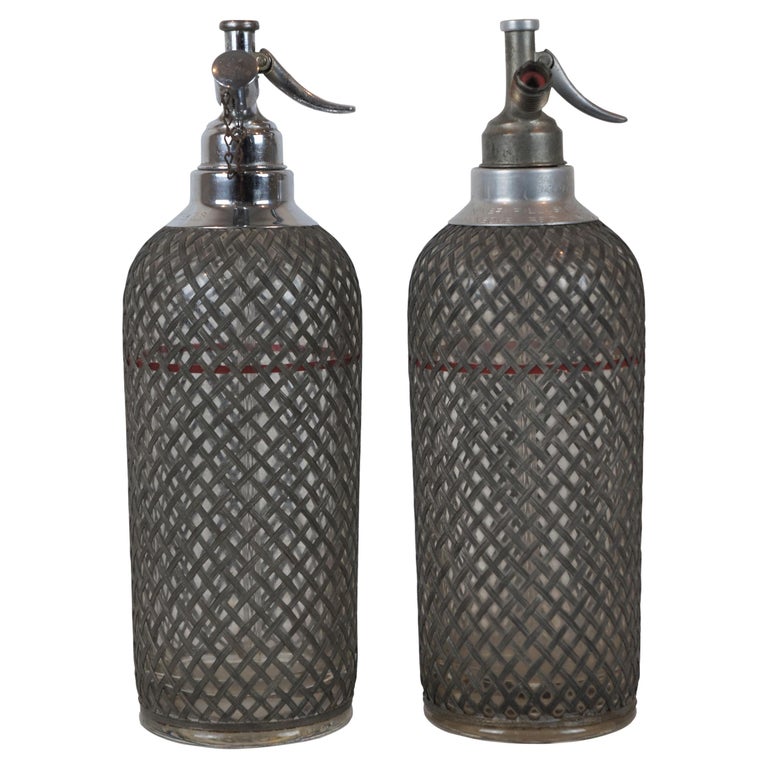 2 Antique Art Deco Sparklets Seltzer Bottles Mesh Wire Siphon Syphon Barware For Sale