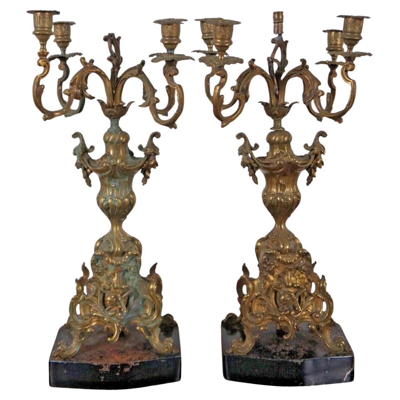 2 Antique Baroque 4 Arm Candelabras Candle Holders Converted Lamps 20"
