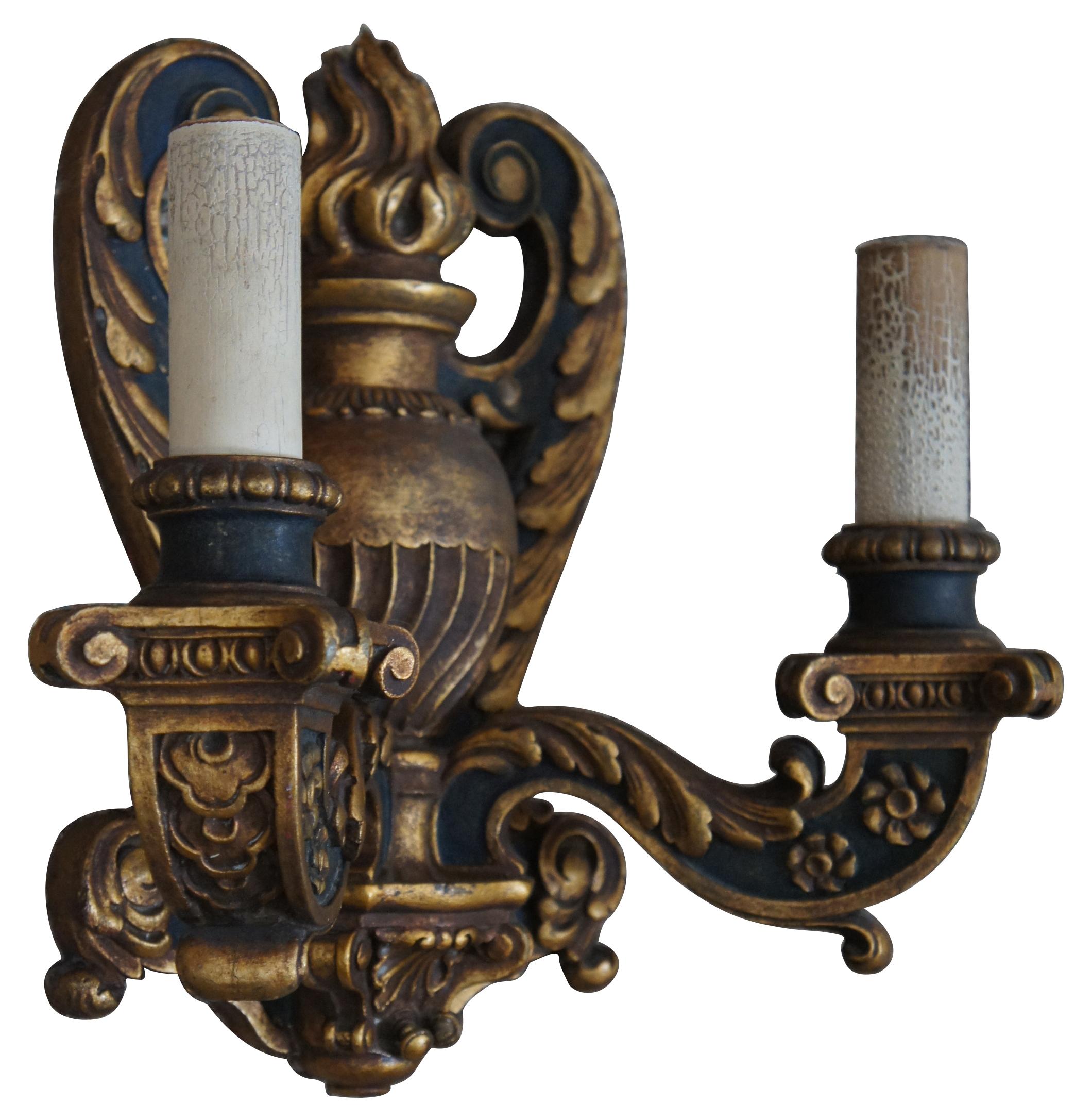 2 Antique Baroque Revival Neoclassical Carved Two Light Candelabra Wall Sconces In Good Condition For Sale In Dayton, OH