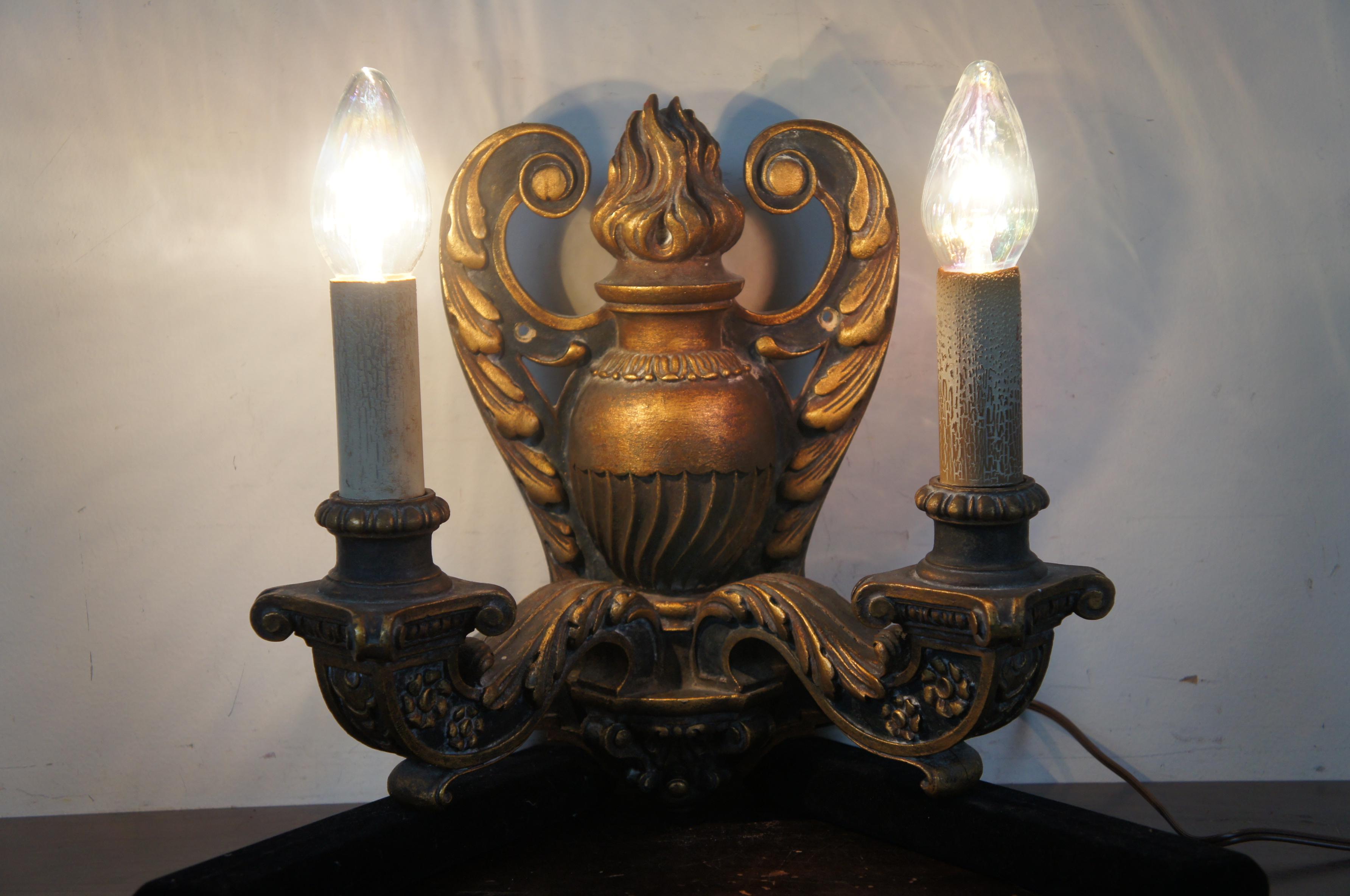 2 Antique Baroque Revival Neoclassical Carved Two Light Candelabra Wall Sconces For Sale 2