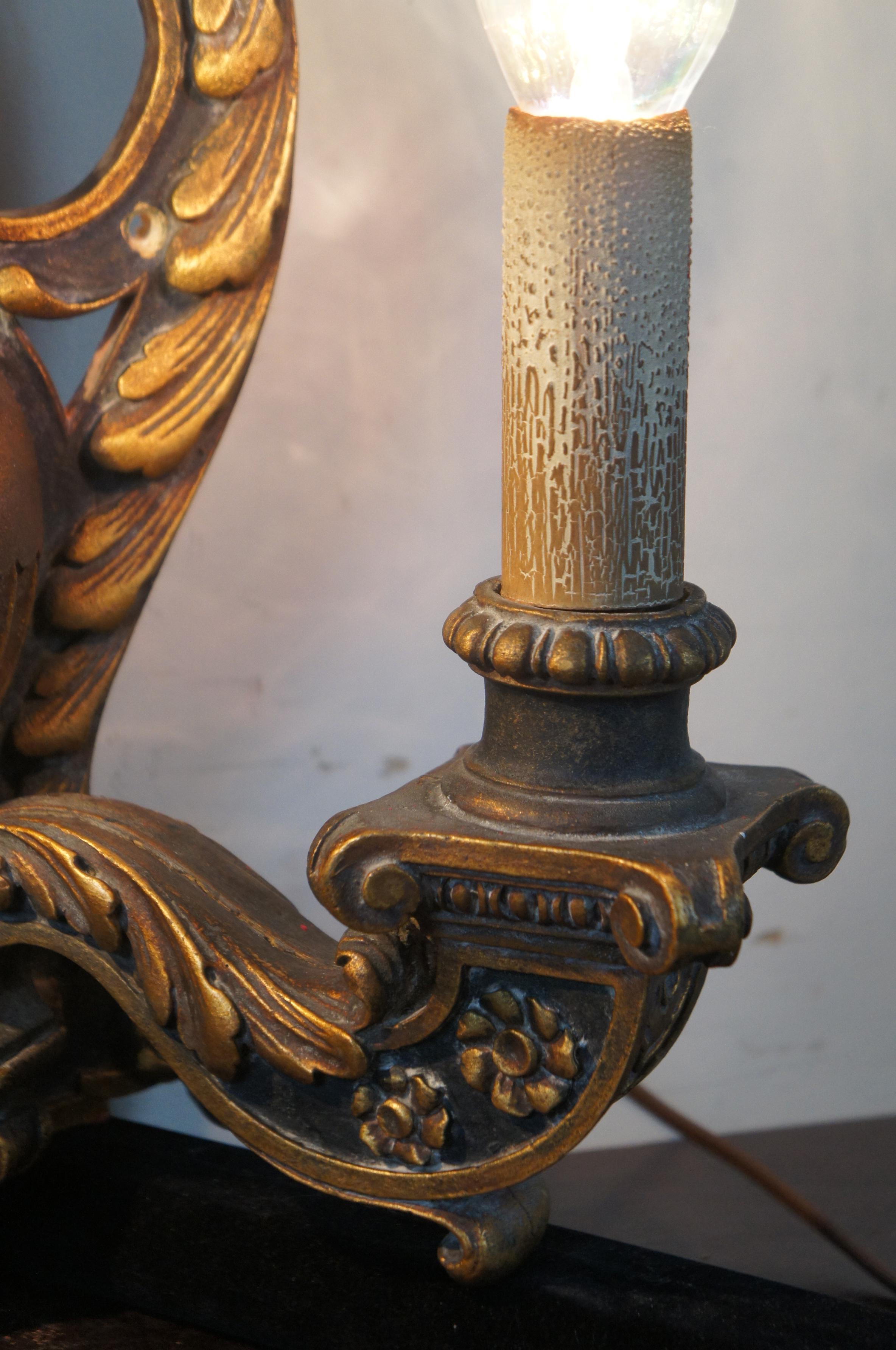 2 Antique Baroque Revival Neoclassical Carved Two Light Candelabra Wall Sconces For Sale 4