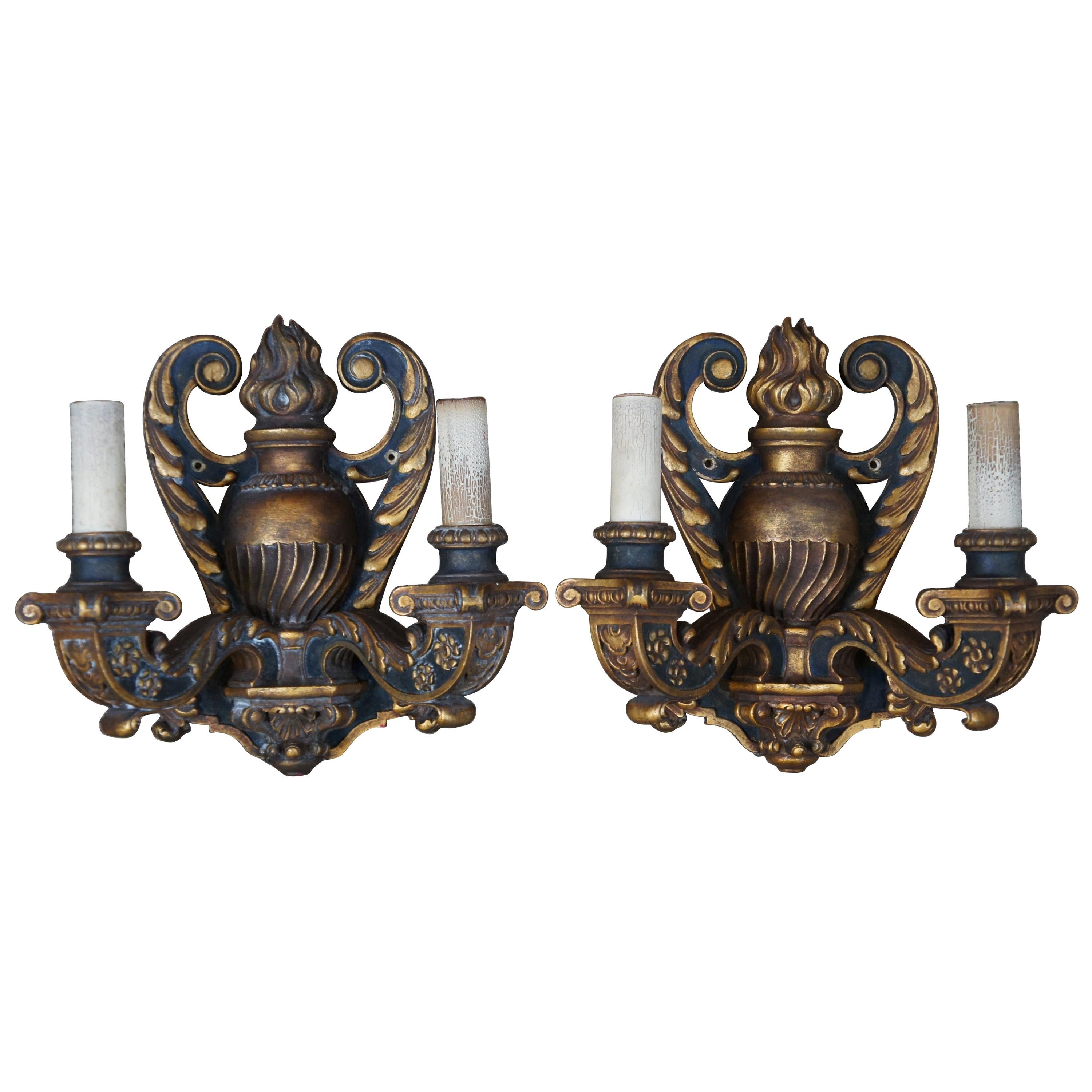 2 Antique Baroque Revival Neoclassical Carved Two Light Candelabra Wall Sconces