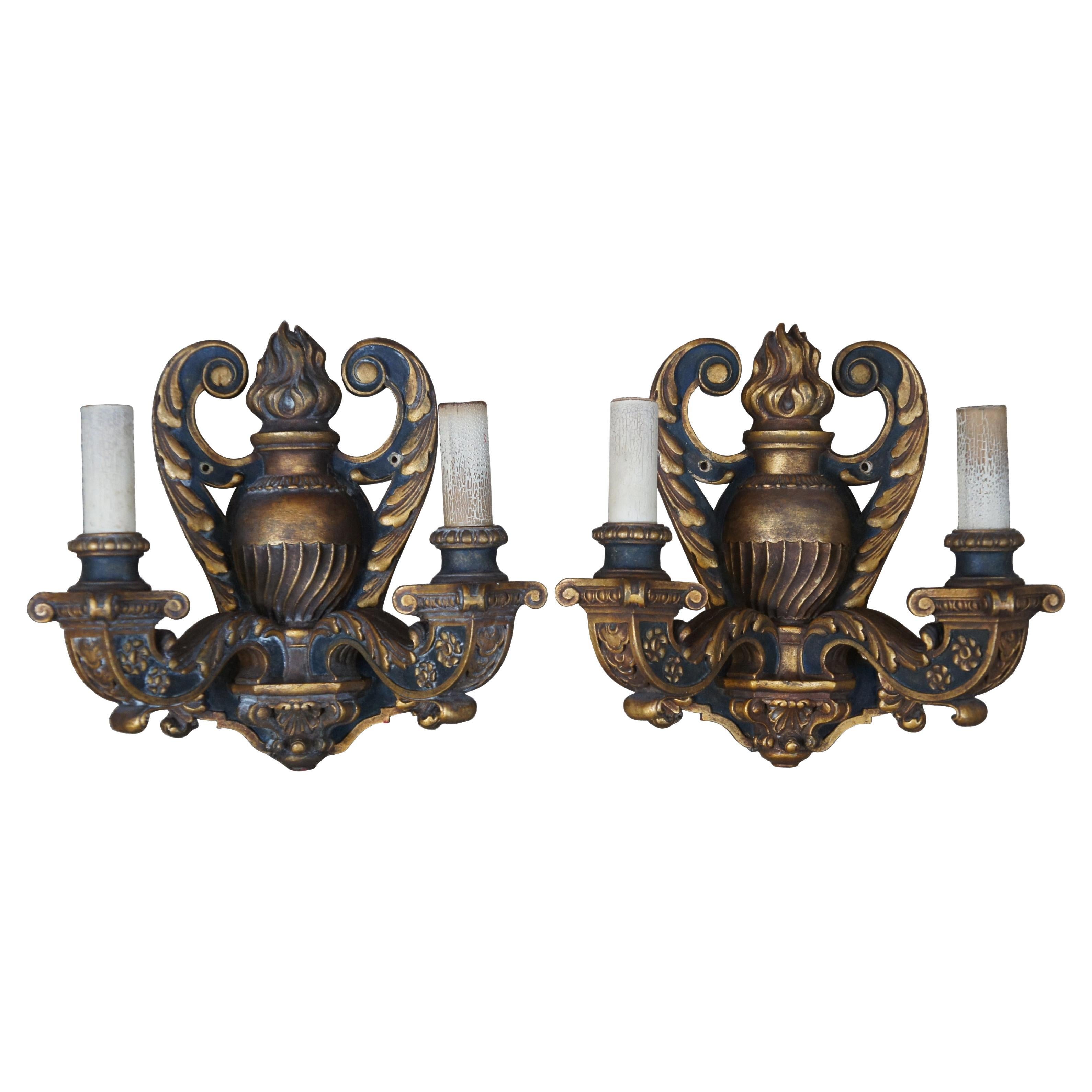 2 Antique Baroque Revival Neoclassical Carved Two Light Candelabra Wall Sconces For Sale