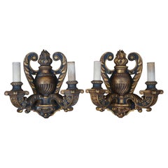 2 Antique Baroque Revival Neoclassical Carved Two Light Candelabra Wall Sconces
