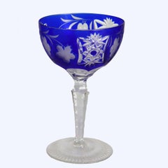 2 Antique Bohemian Cobalt Blue Floral & Grape Cut To Clear Crystal Wine Goblets