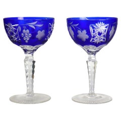 2 Antique Bohemian Cobalt Blue Floral & Grape Cut To Clear Crystal Wine Goblets