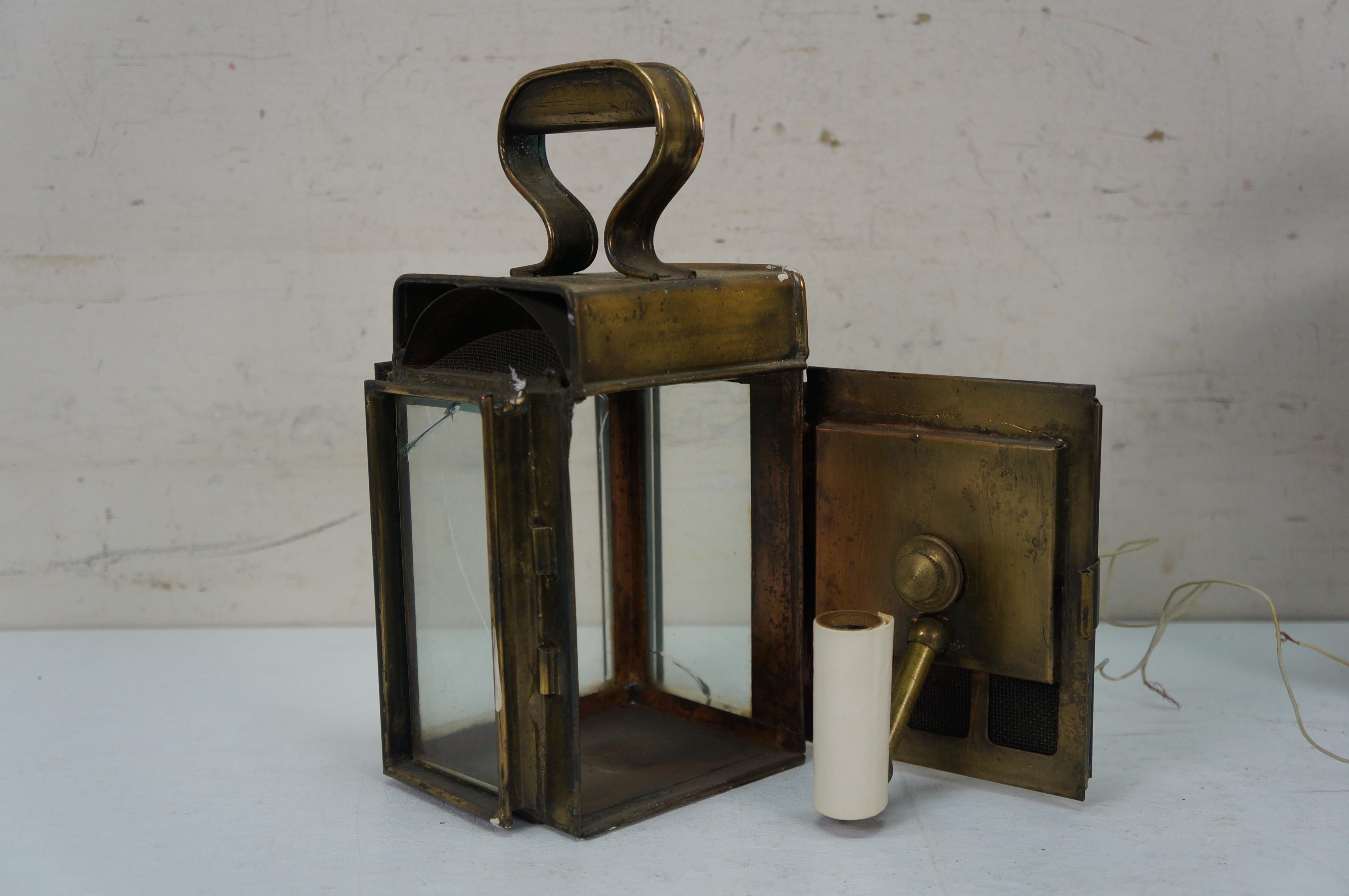 2 Antique Brass Canal Railway Converted Oil Lamp Candle Lanterns Sconces 9