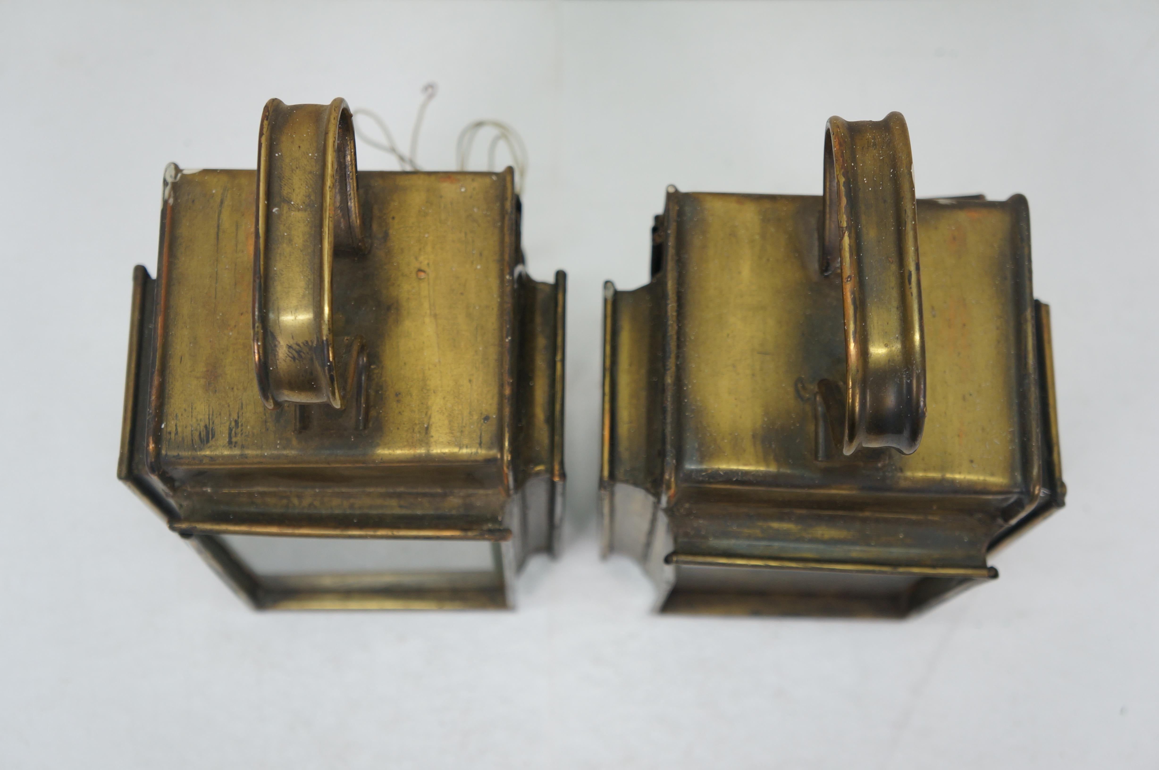 20th Century 2 Antique Brass Canal Railway Converted Oil Lamp Candle Lanterns Sconces 9