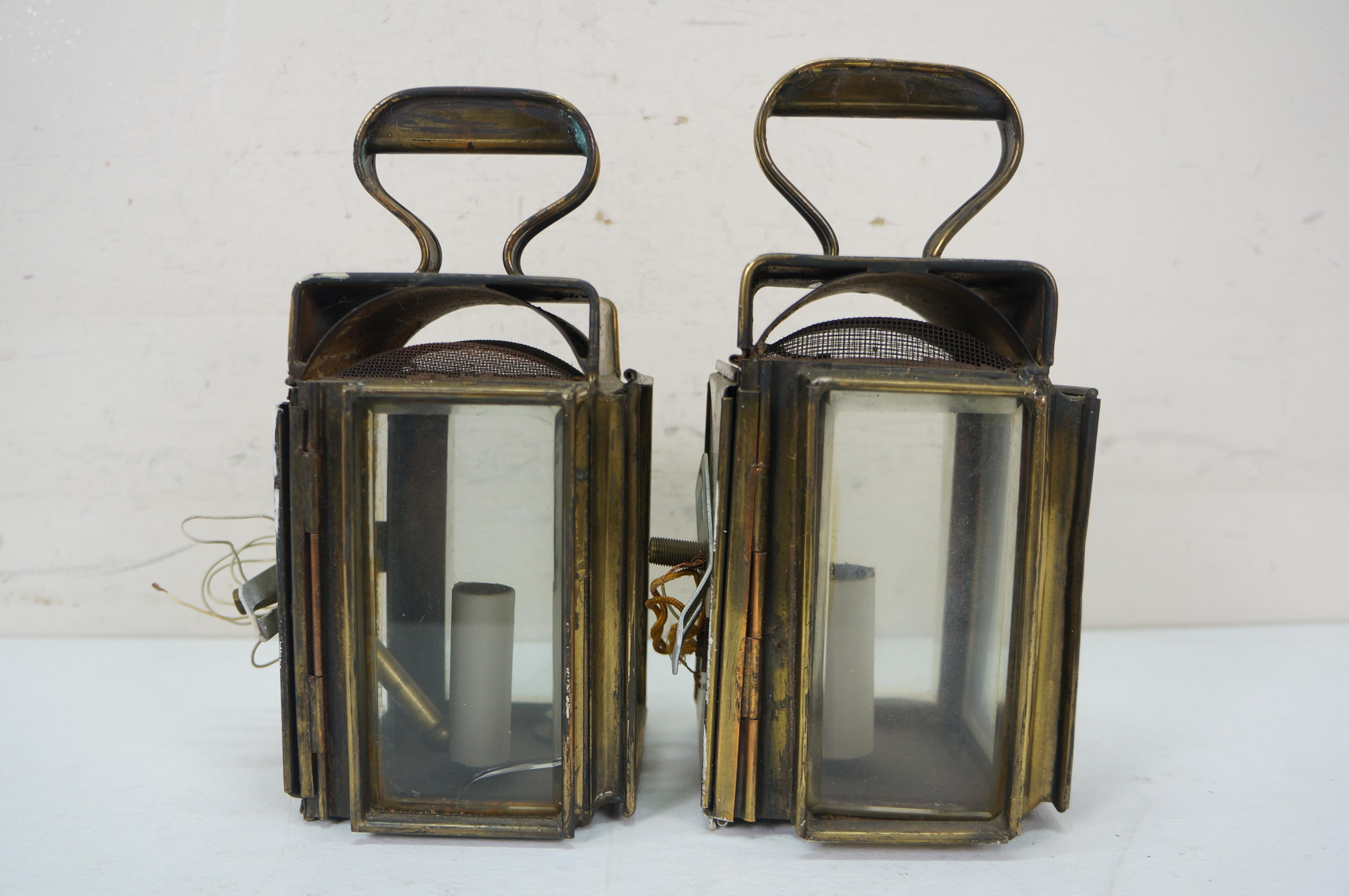 2 Antique Brass Canal Railway Converted Oil Lamp Candle Lanterns Sconces 9