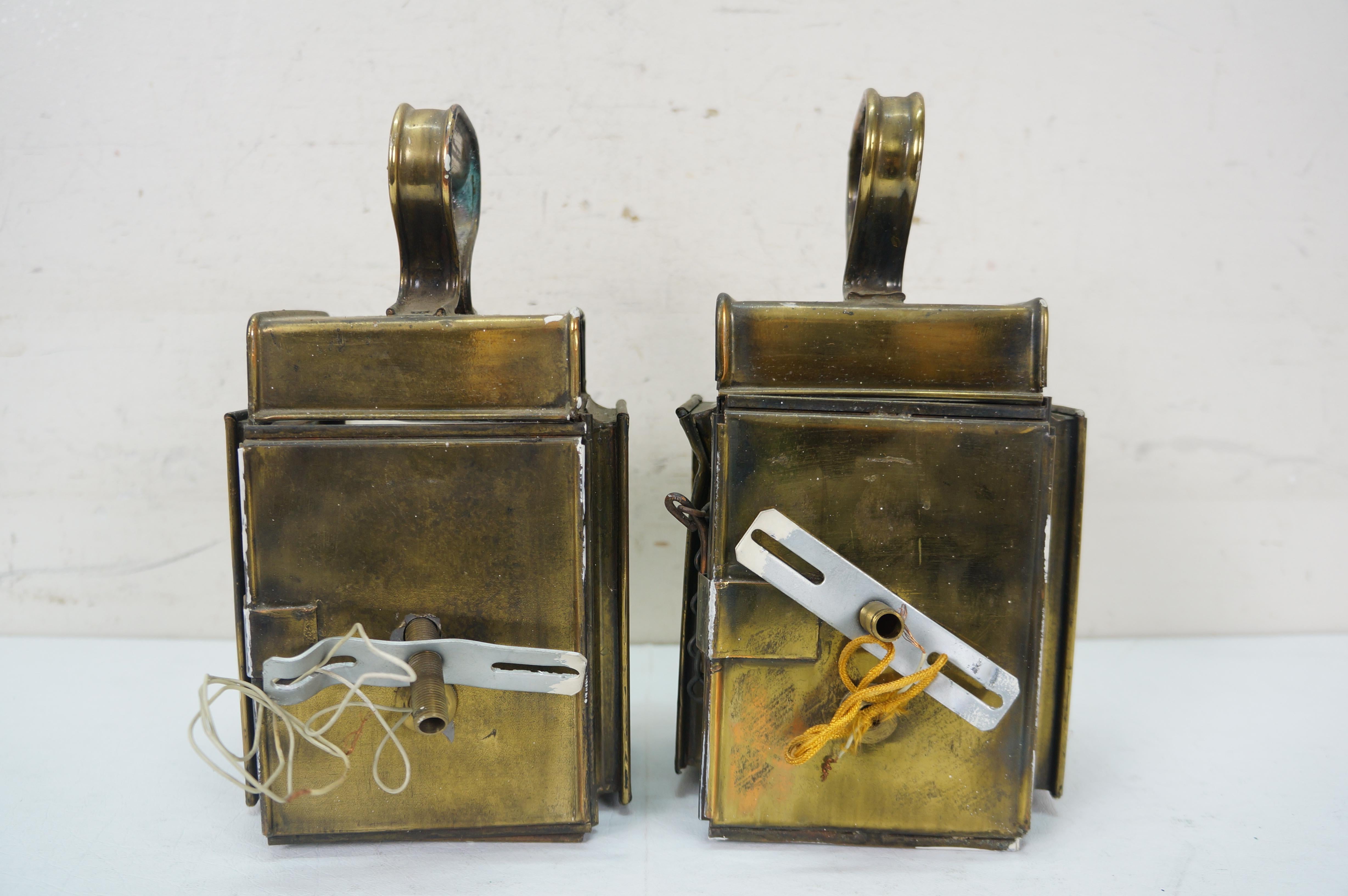 2 Antique Brass Canal Railway Converted Oil Lamp Candle Lanterns Sconces 9