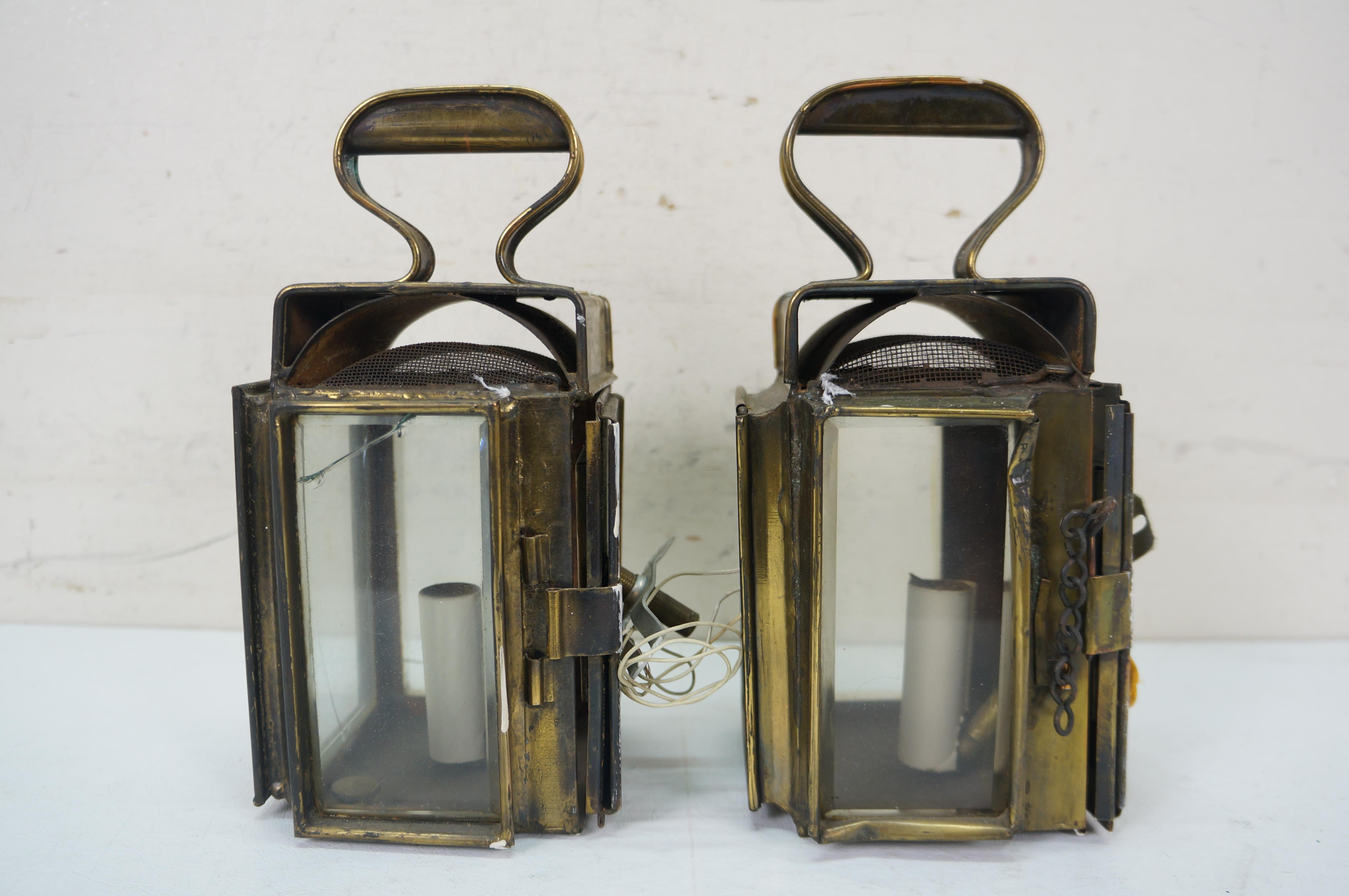 2 Antique Brass Canal Railway Converted Oil Lamp Candle Lanterns Sconces 9