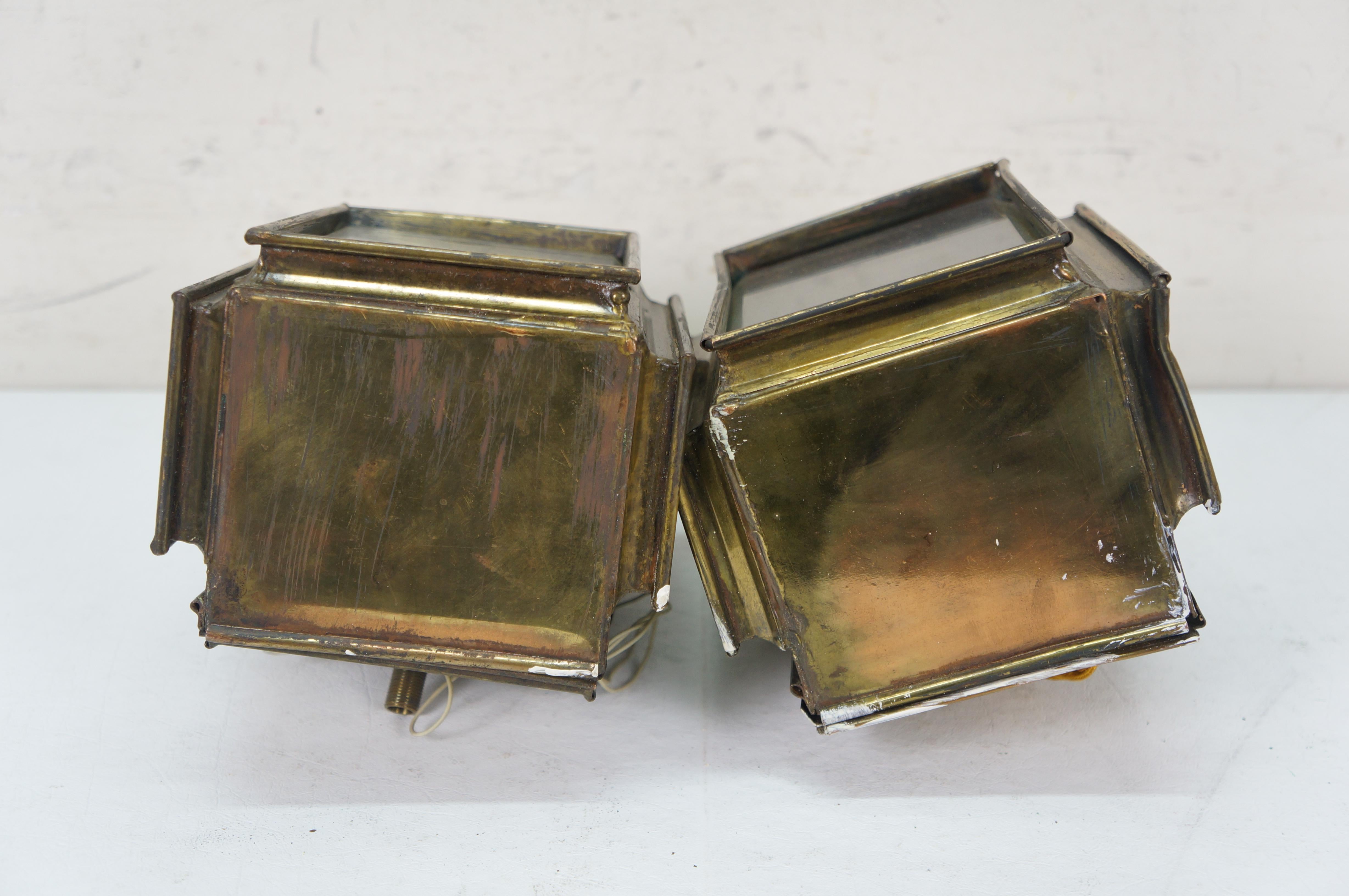 2 Antique Brass Canal Railway Converted Oil Lamp Candle Lanterns Sconces 9