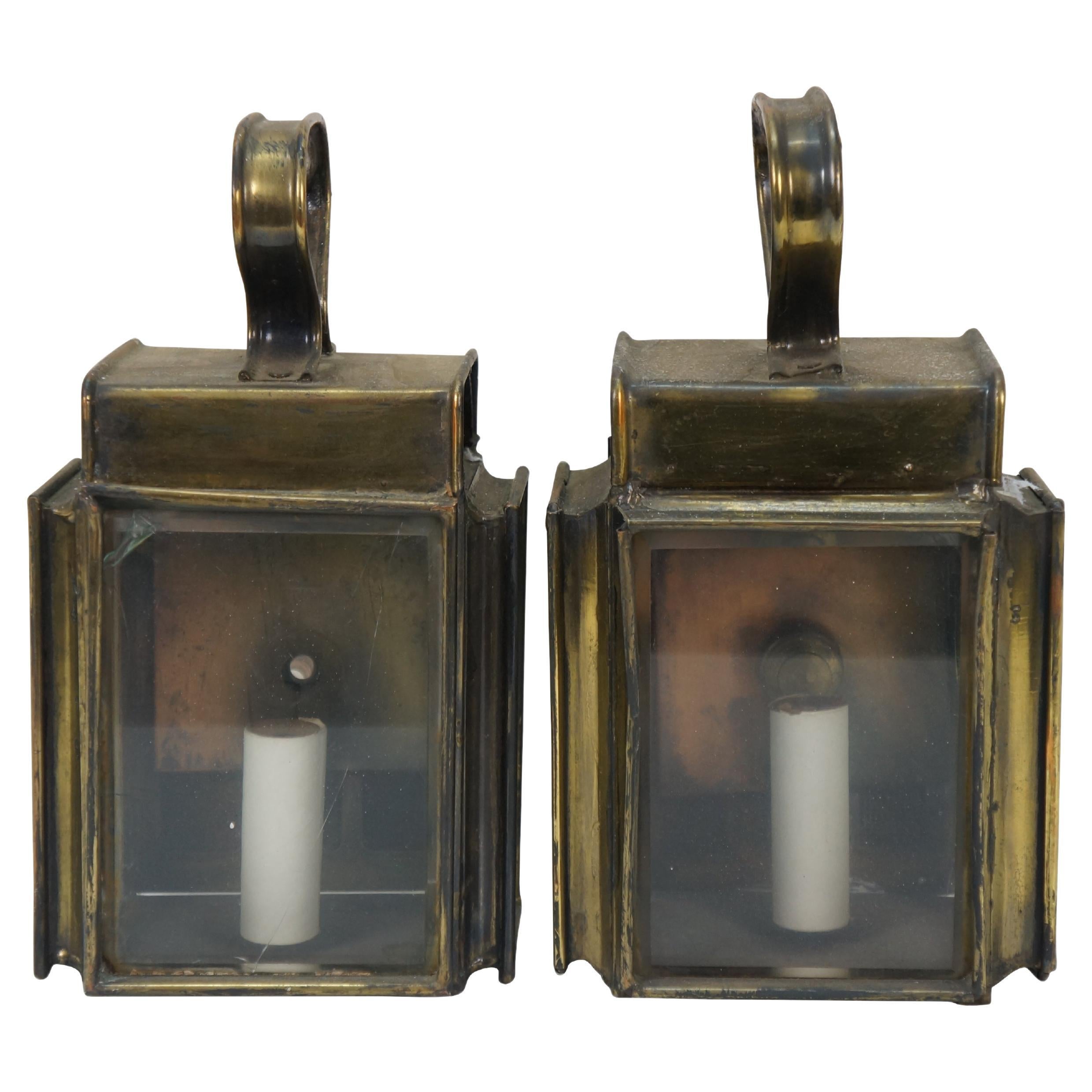 2 Antique Brass Canal Railway Converted Oil Lamp Candle Lanterns Sconces 9" For Sale