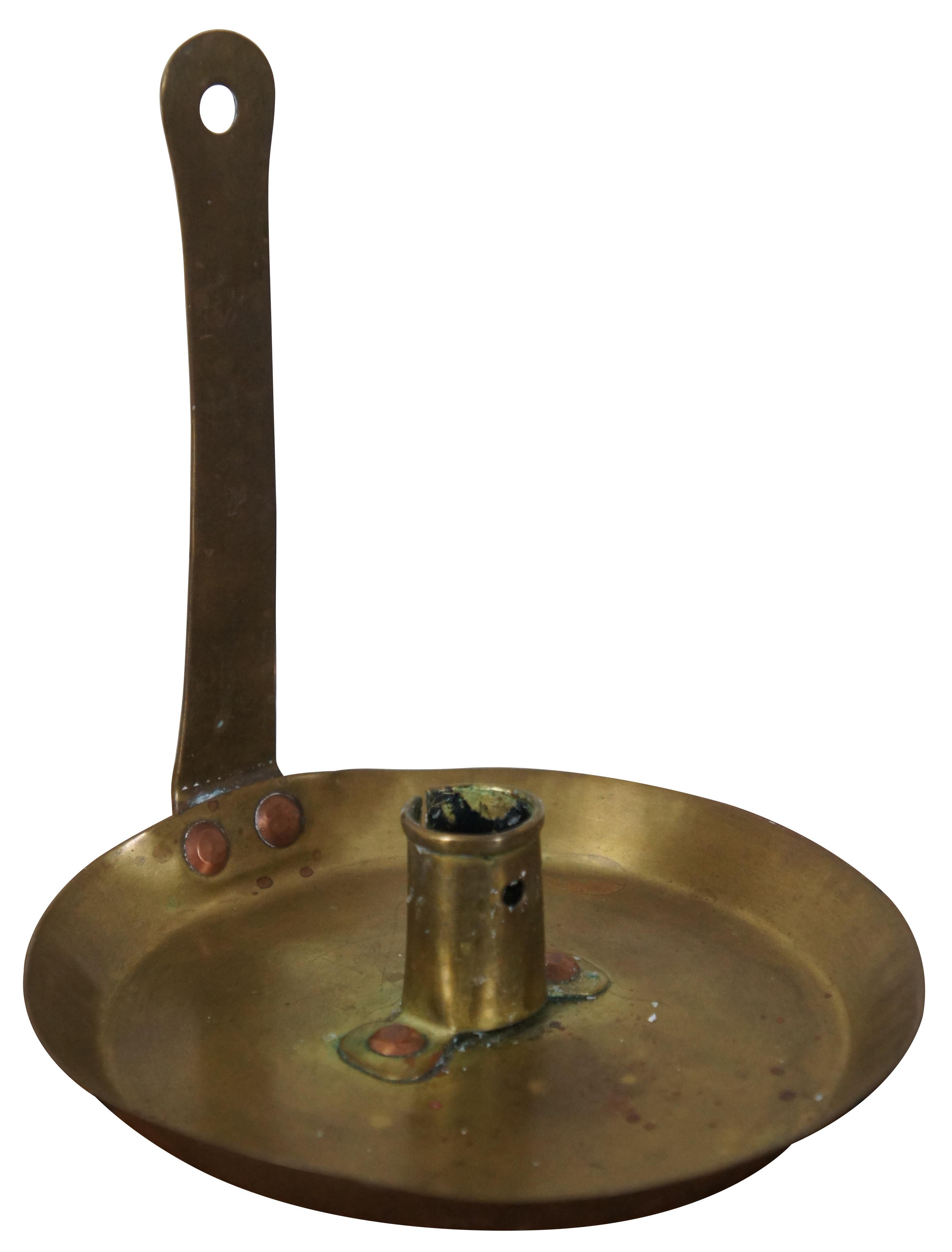 Rustic 2 Antique Brass Candle Holders Chamber Stick Wall Hanging Frying Pan Candlestick