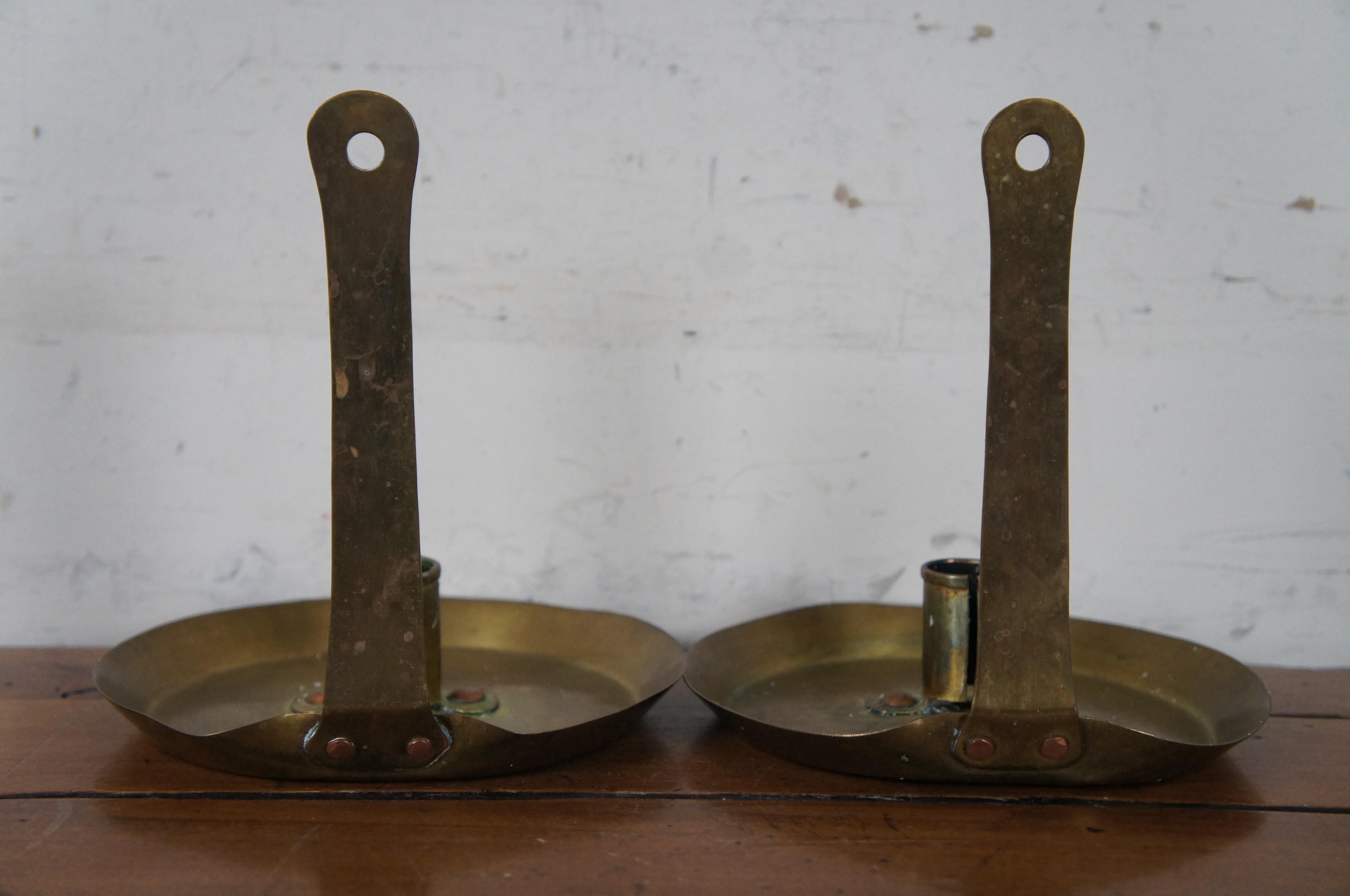 20th Century 2 Antique Brass Candle Holders Chamber Stick Wall Hanging Frying Pan Candlestick