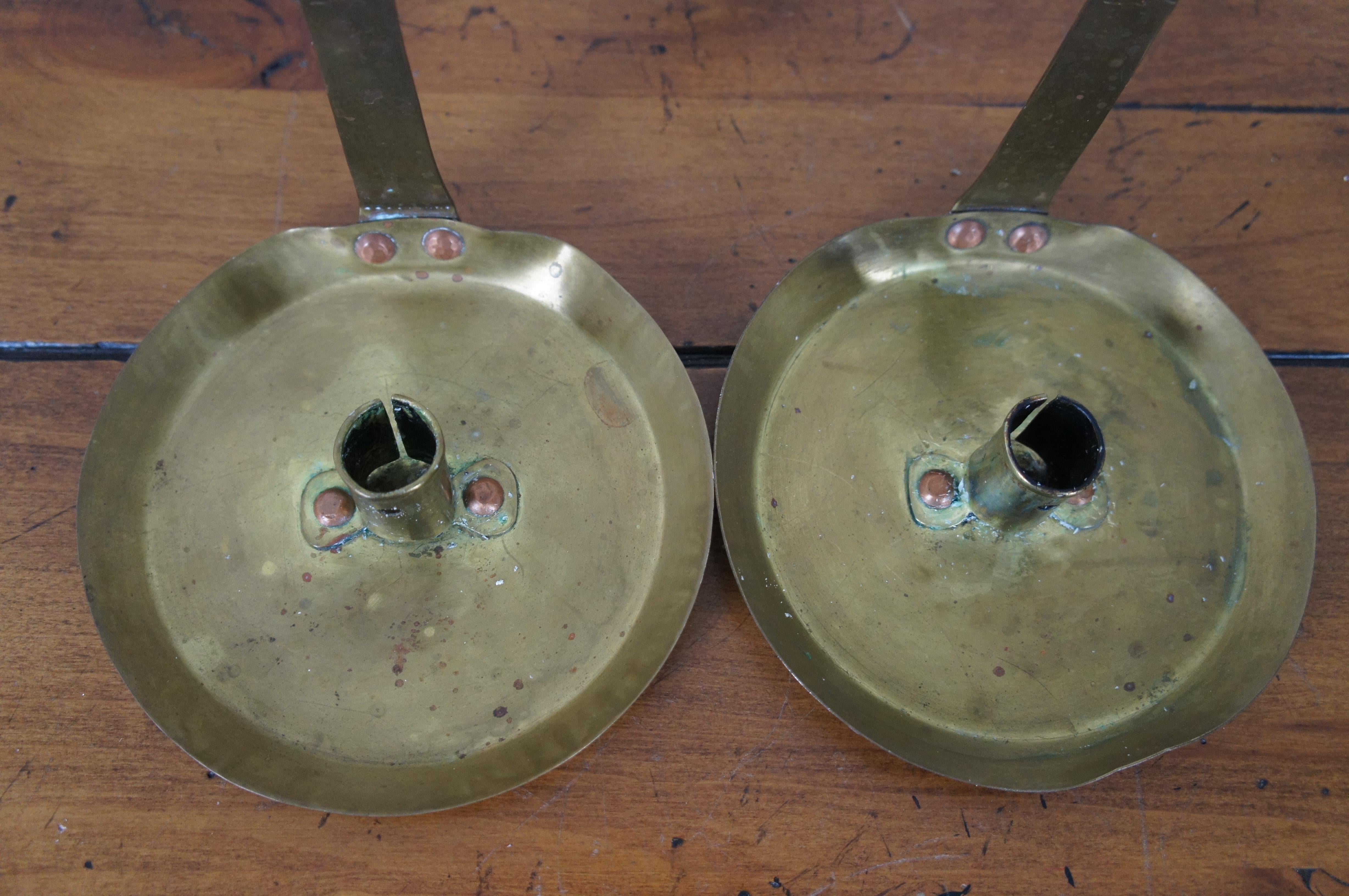 2 Antique Brass Candle Holders Chamber Stick Wall Hanging Frying Pan Candlestick 4
