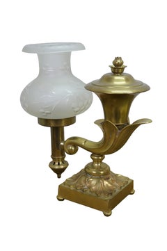 2 Antique Brass Regency Argand Cornucopia Trophy Urn Hurricane Lamps 13"