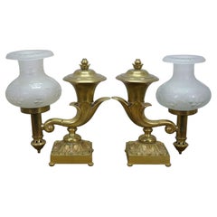 2 Antique Brass Regency Argand Cornucopia Trophy Urn Hurricane Lamps 13"