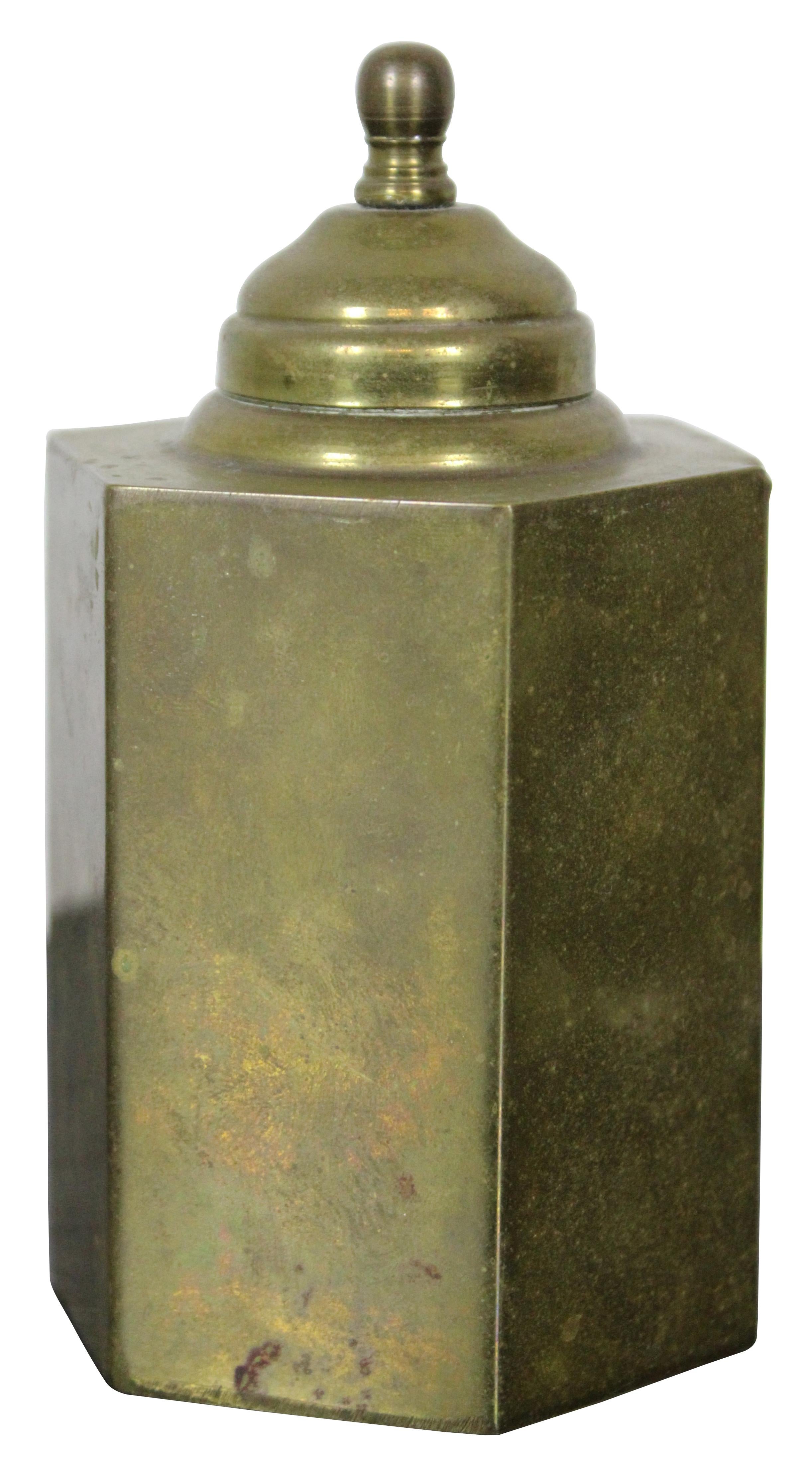 2 Antique Brass Tea Caddy Lidded Canisters Scalloped & Hexagonal Container In Good Condition In Dayton, OH