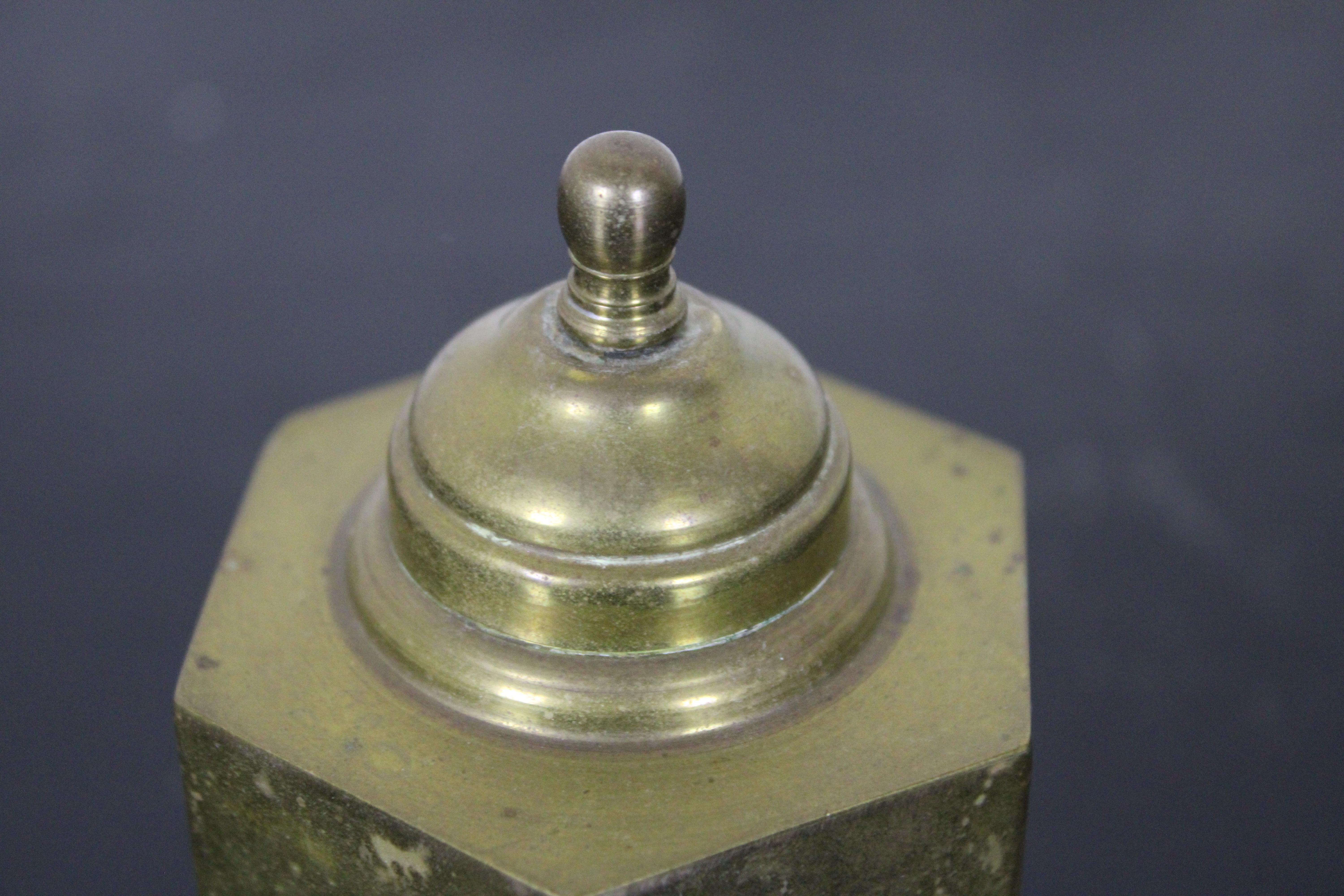 2 Antique Brass Tea Caddy Lidded Canisters Scalloped & Hexagonal Container 4