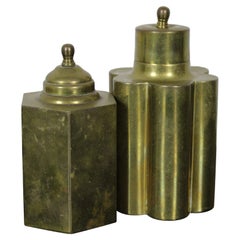 2 Antique Brass Tea Caddy Lidded Canisters Scalloped & Hexagonal Container