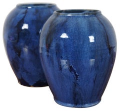 2 Antique Brush McCoy Cobalt Blue Onyx Art Pottery Drip Glazed Vases