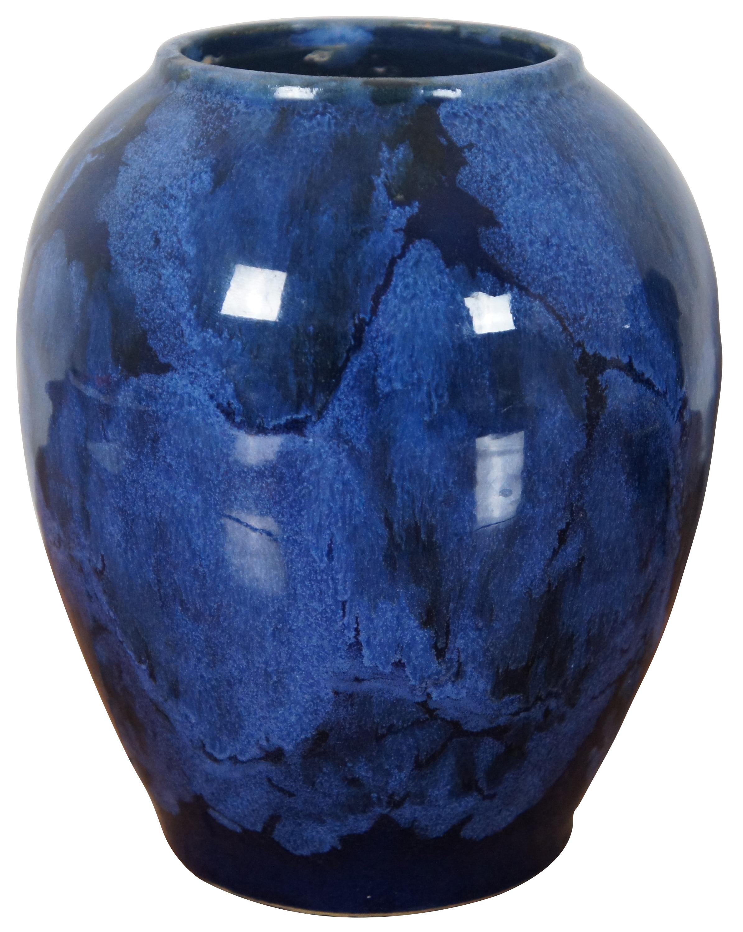 Art Deco 2 Antique Brush McCoy Cobalt Blue Onyx Art Pottery Drip Glazed Vases