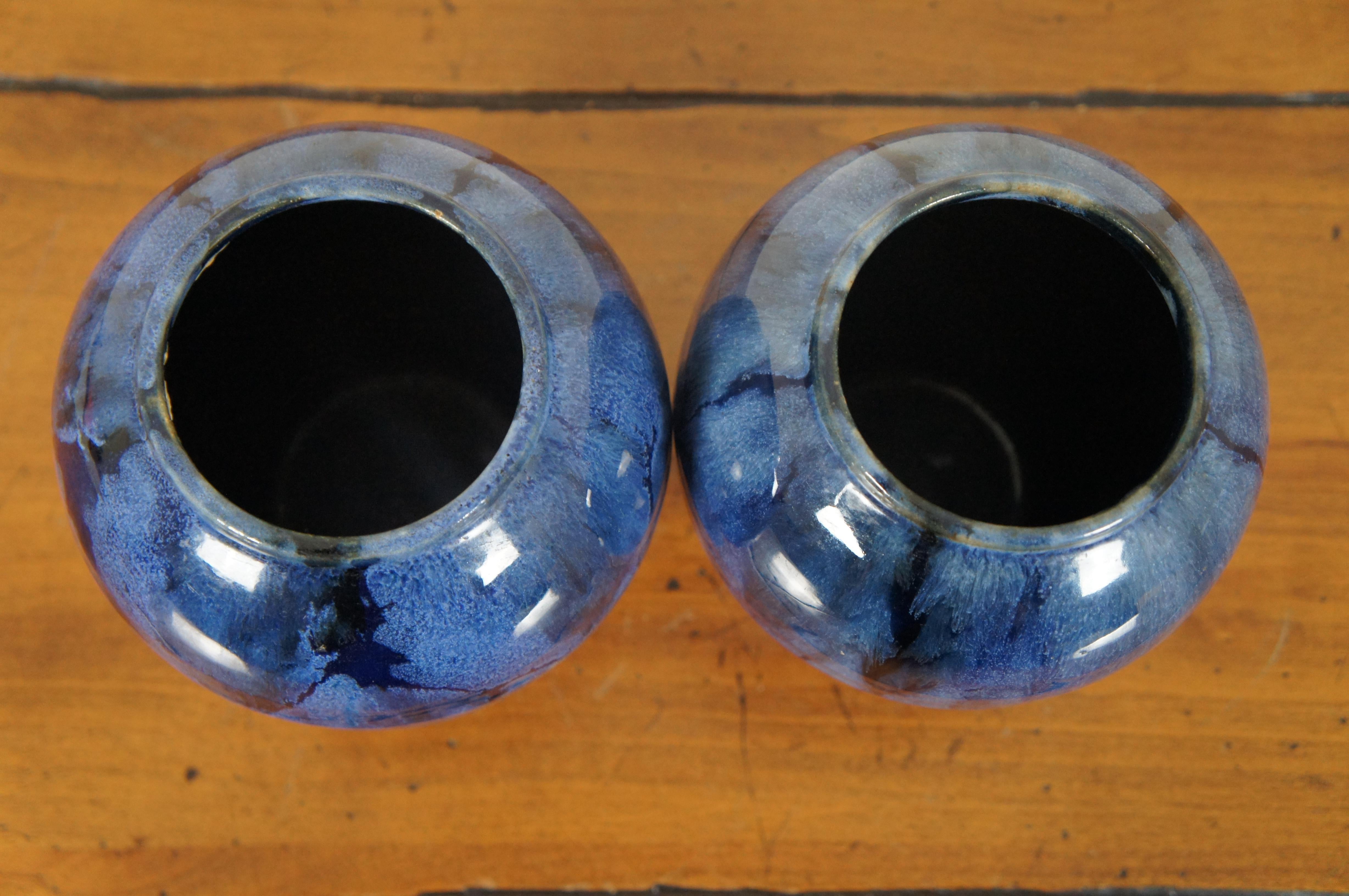2 Antique Brush McCoy Cobalt Blue Onyx Art Pottery Drip Glazed Vases In Good Condition In Dayton, OH