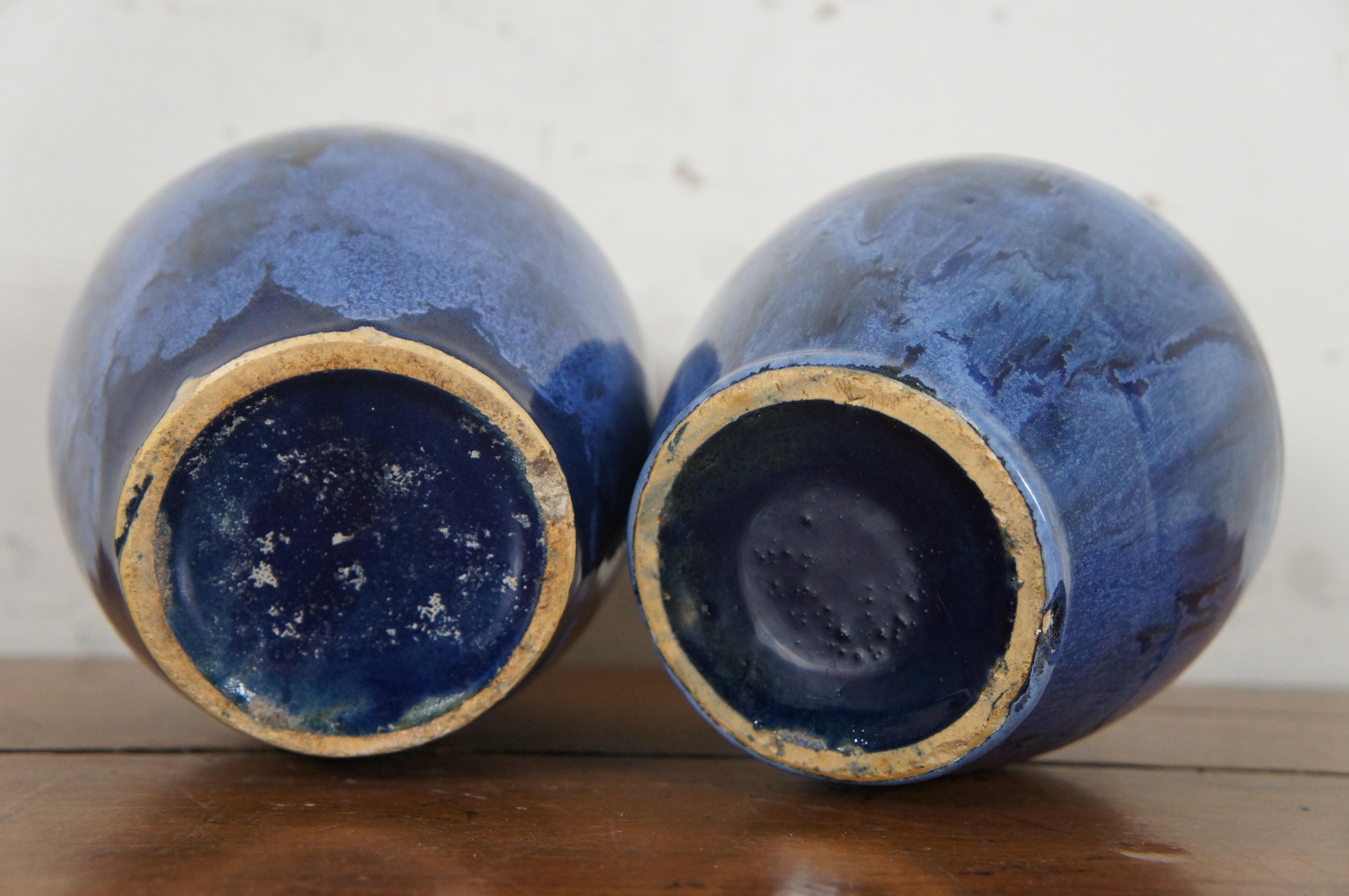 2 Antique Brush McCoy Cobalt Blue Onyx Art Pottery Drip Glazed Vases 2