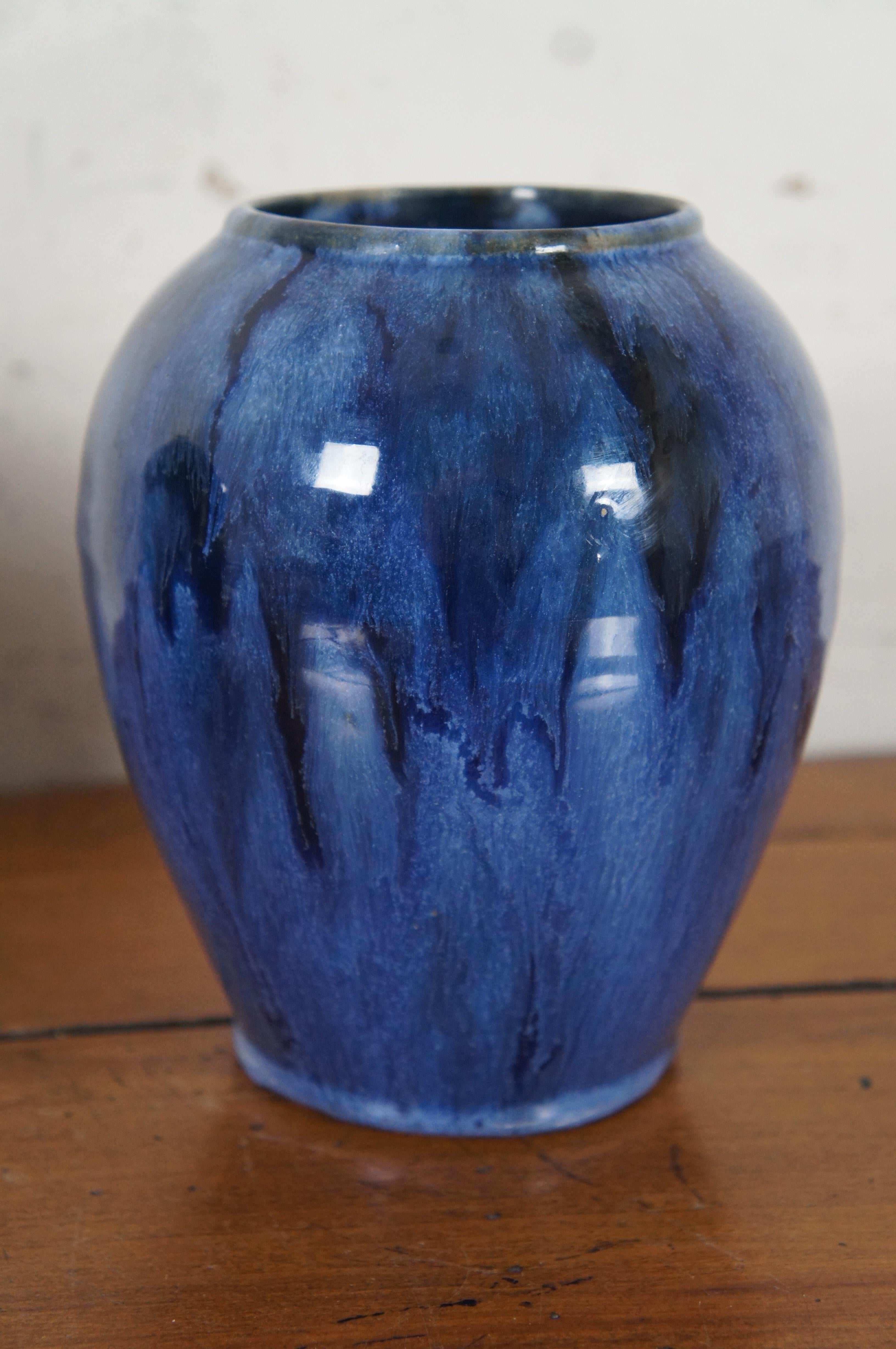 2 Antique Brush McCoy Cobalt Blue Onyx Art Pottery Drip Glazed Vases 3