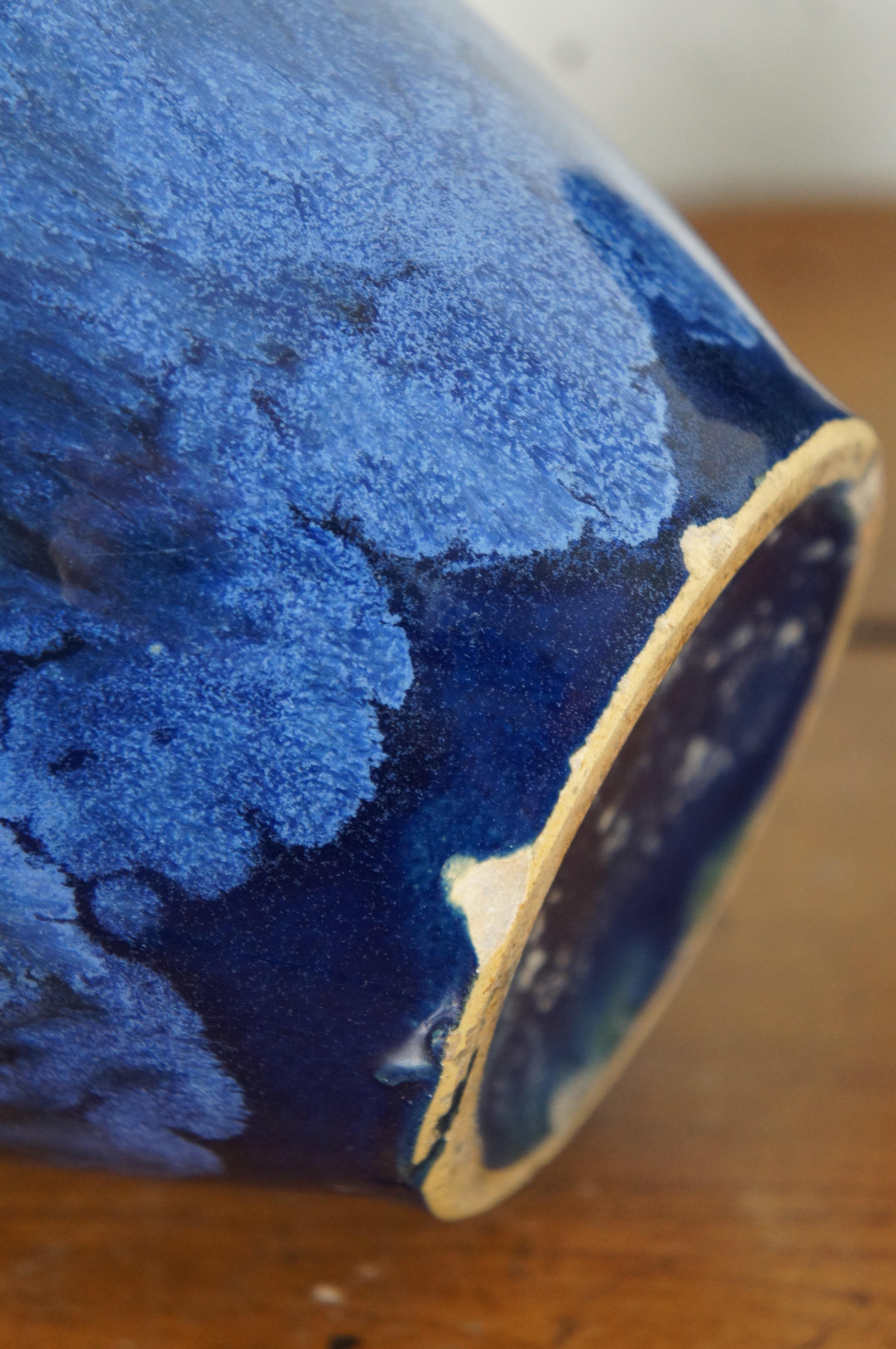 2 Antique Brush McCoy Cobalt Blue Onyx Art Pottery Drip Glazed Vases 4