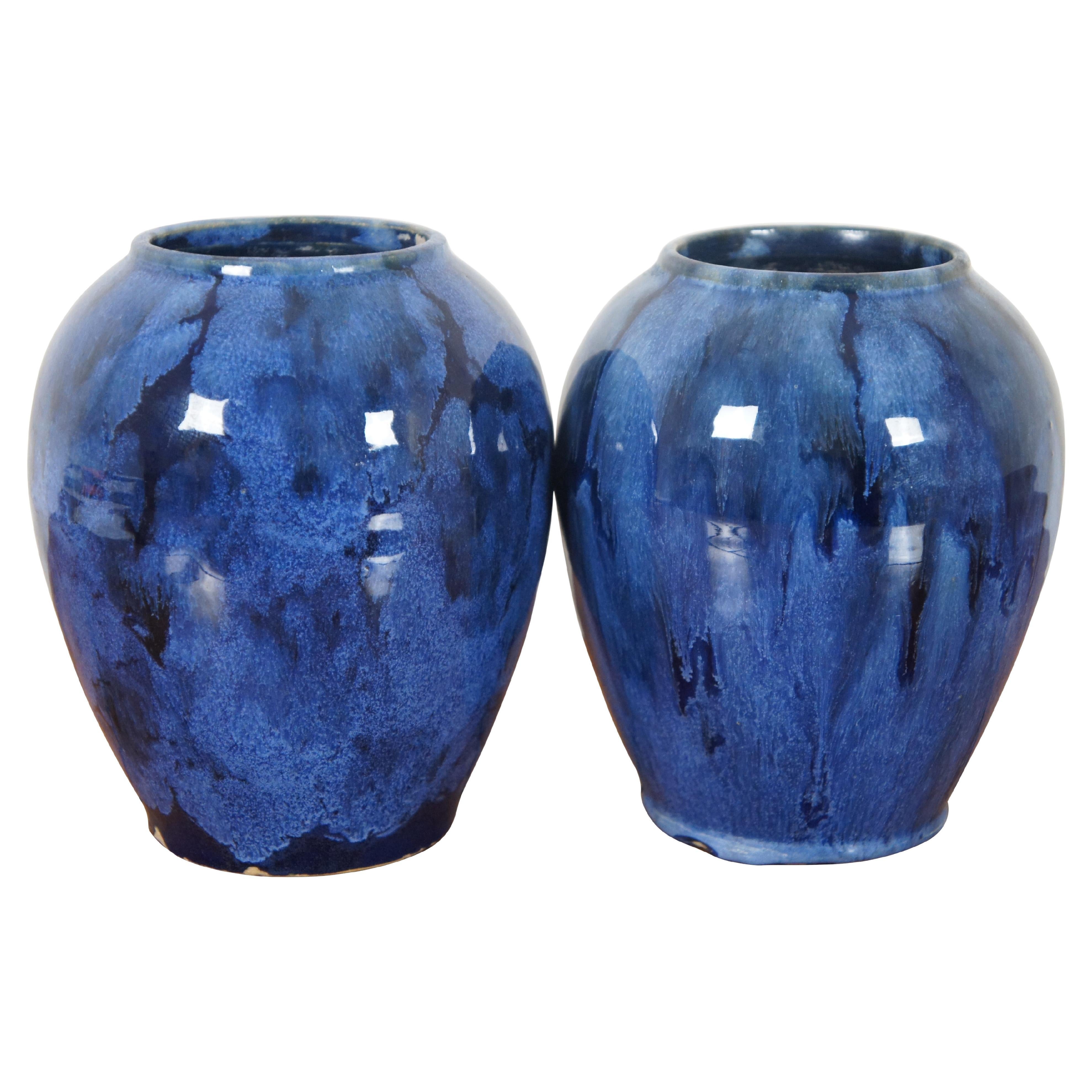 2 Antique Brush McCoy Cobalt Blue Onyx Art Pottery Drip Glazed Vases