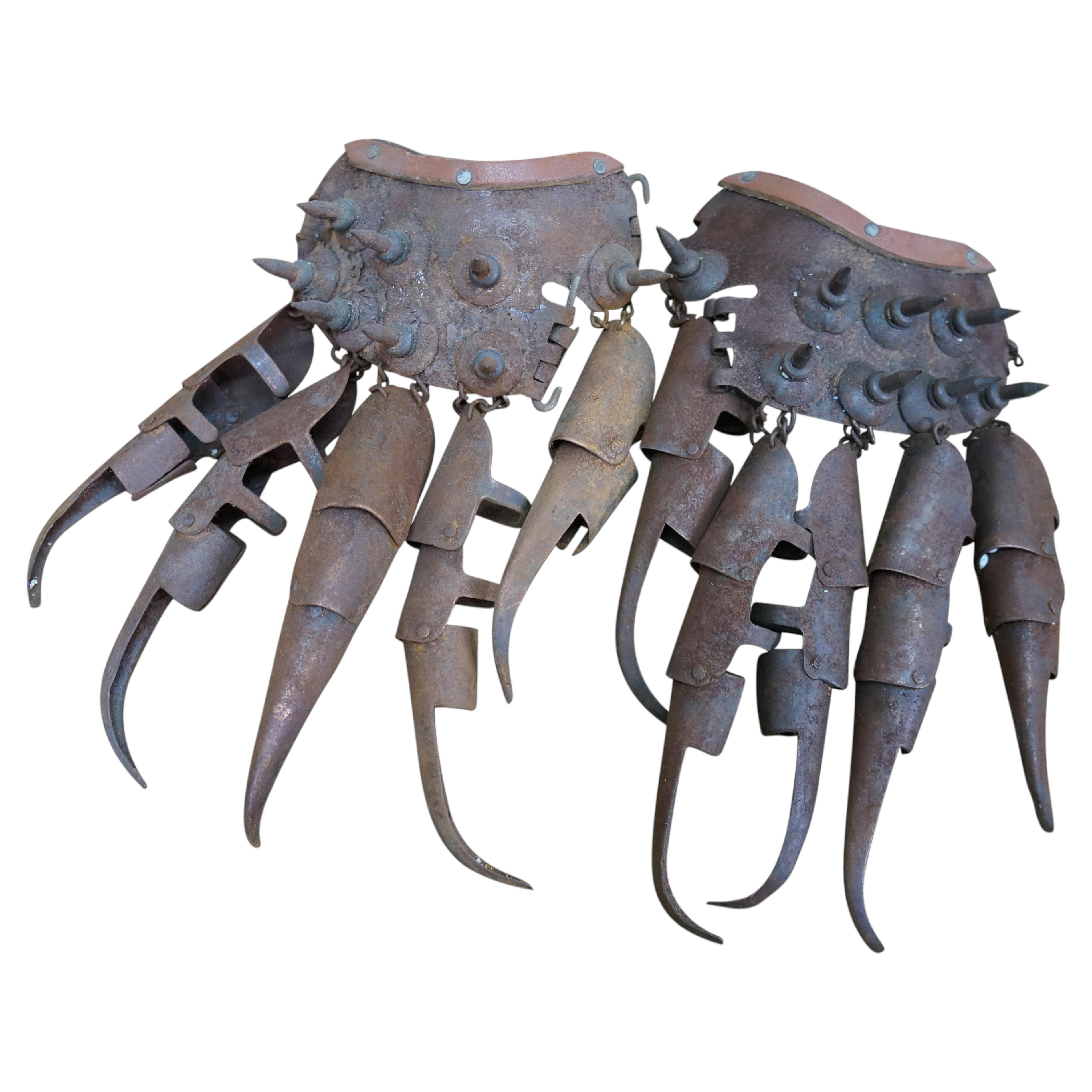 2 Antique Cantonese Tiger Claw Armored Metal Combat Spiked Gloves Chinoiserie