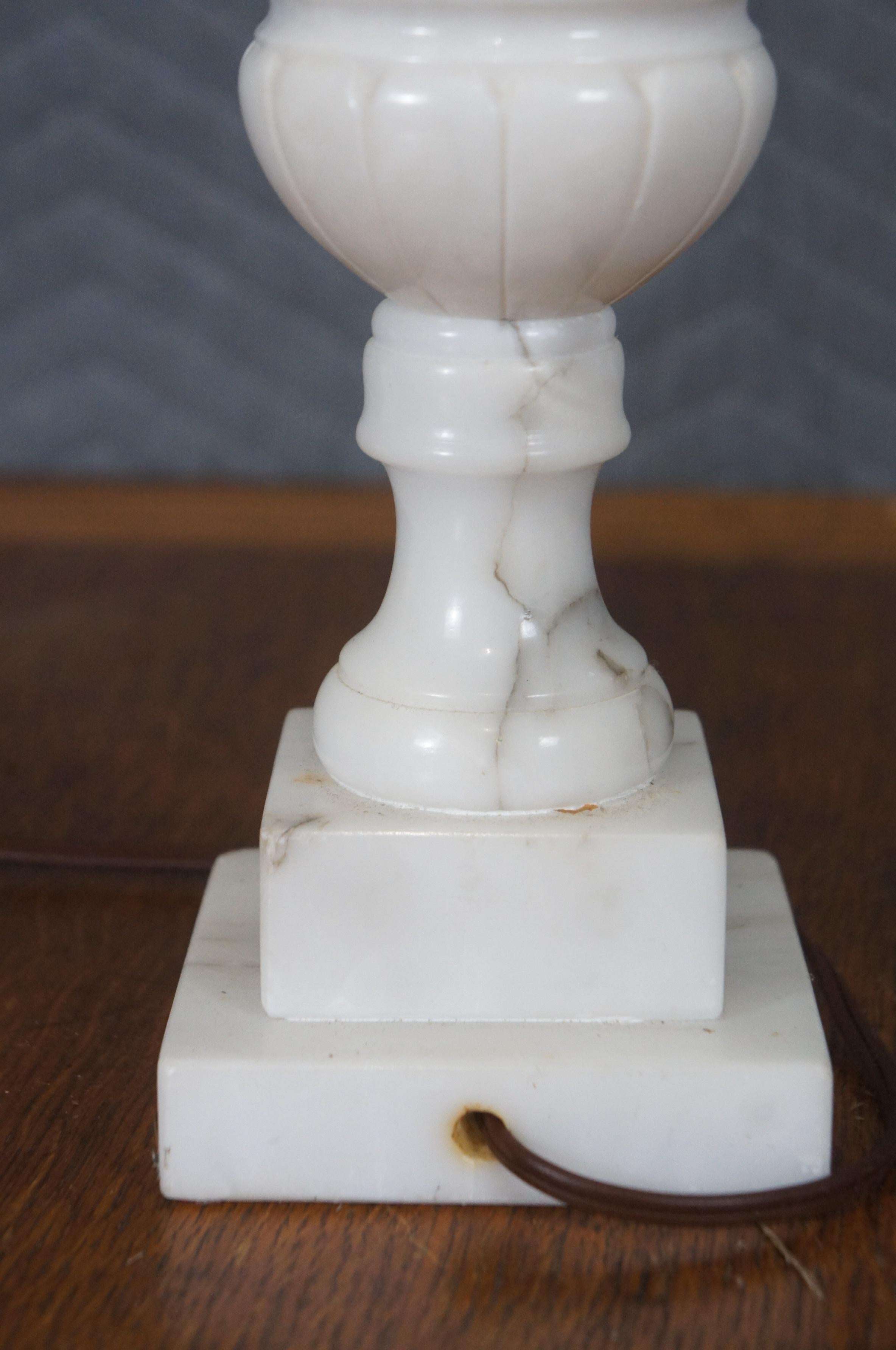 2 Antique Carved White Marble Alabaster Trophy Urn Table Lamps 24