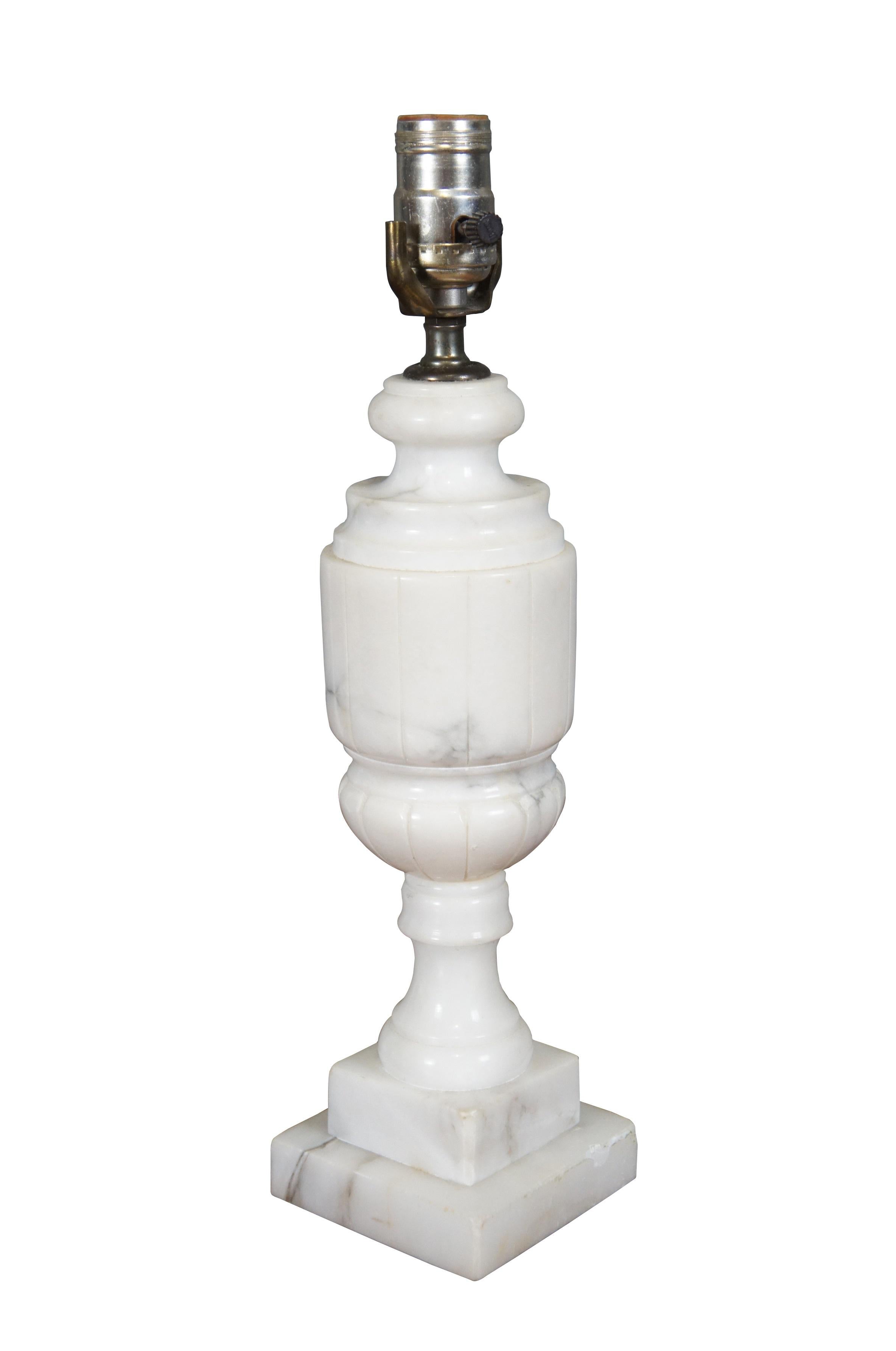 Victorian 2 Antique Carved White Marble Alabaster Trophy Urn Table Lamps 24