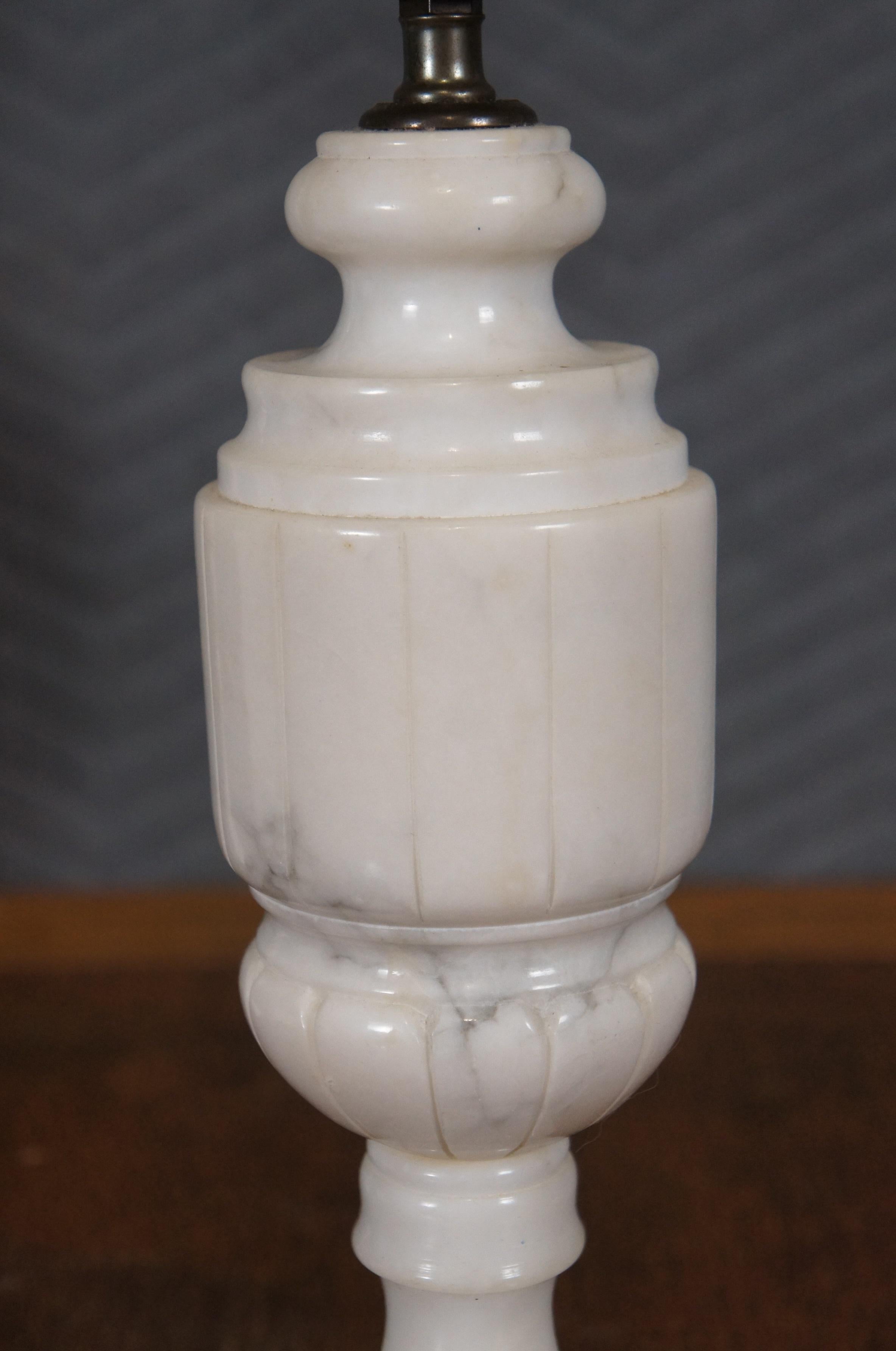 20th Century 2 Antique Carved White Marble Alabaster Trophy Urn Table Lamps 24