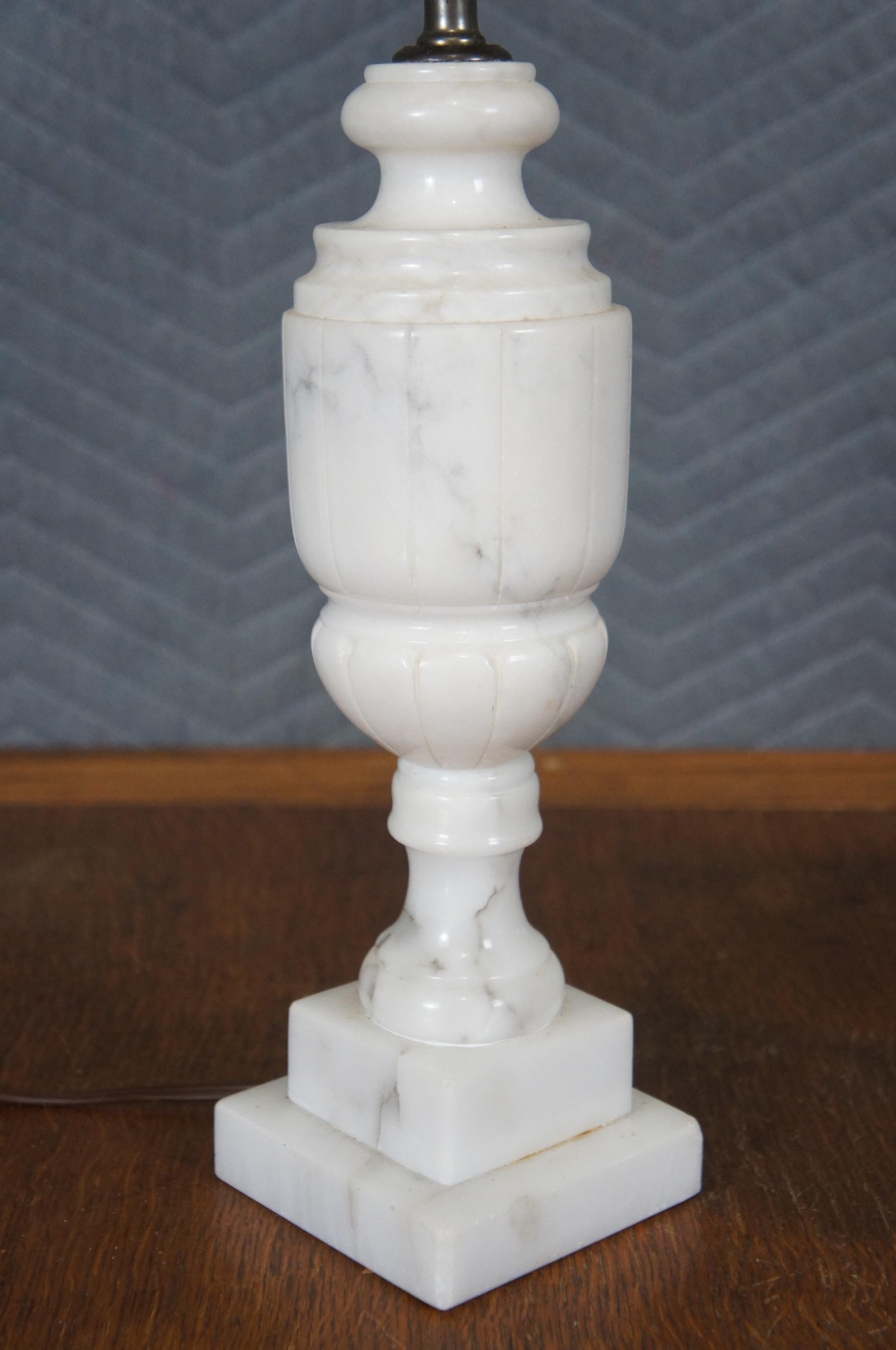 2 Antique Carved White Marble Alabaster Trophy Urn Table Lamps 24