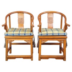 2 Antique Chinese Elm Qing Dynasty Horseshoe Club Lounge Yoke Arm Chairs Pair
